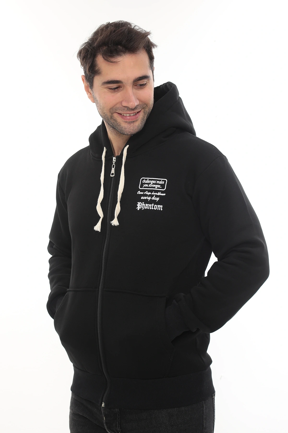 Erkek Siyah Standart Fit Normal Kesim Içi Polarlı Tam Fermuarlı Kapüşonlu Pamuklu Sweatshirt
