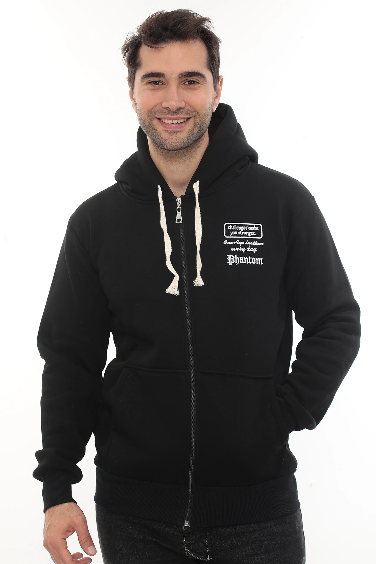 Erkek Siyah Standart Fit Normal Kesim Içi Polarlı Tam Fermuarlı Kapüşonlu Pamuklu Sweatshirt