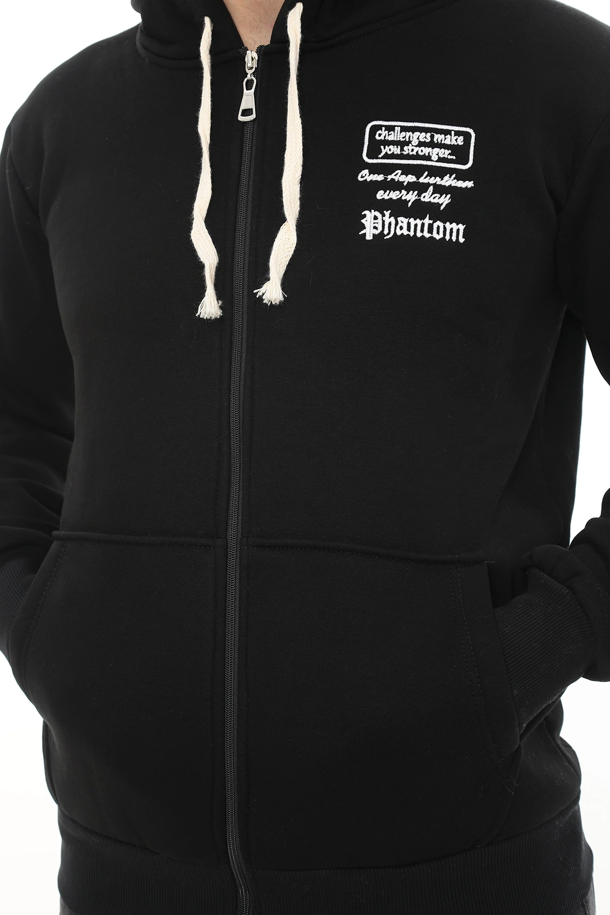 Erkek Siyah Standart Fit Normal Kesim Içi Polarlı Tam Fermuarlı Kapüşonlu Pamuklu Sweatshirt