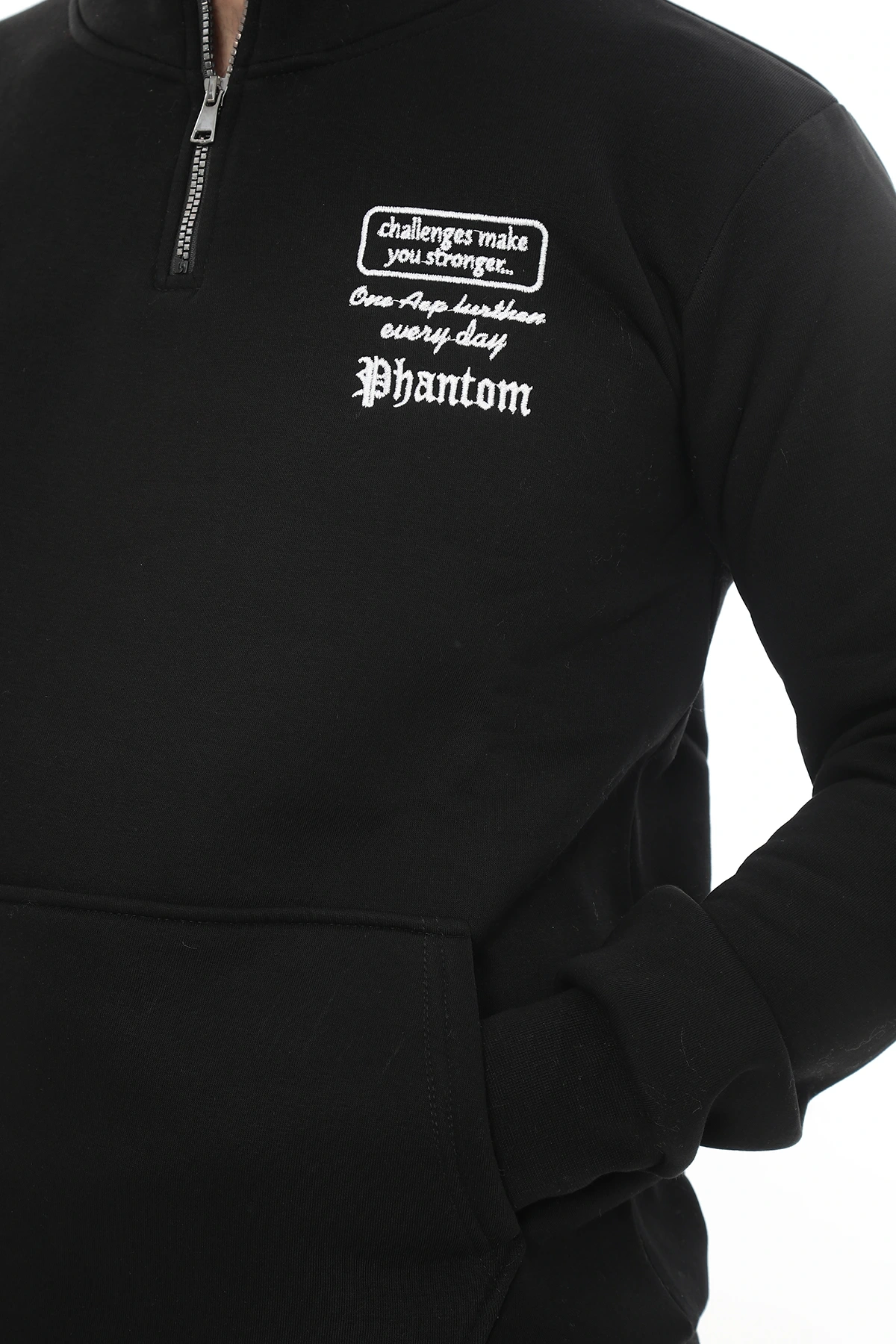 Erkek Siyah Standart Fit Normal Kesim Içi Polarlı Yarım Fermuarlı Dik Bato Yaka Pamuklu Sweatshirt