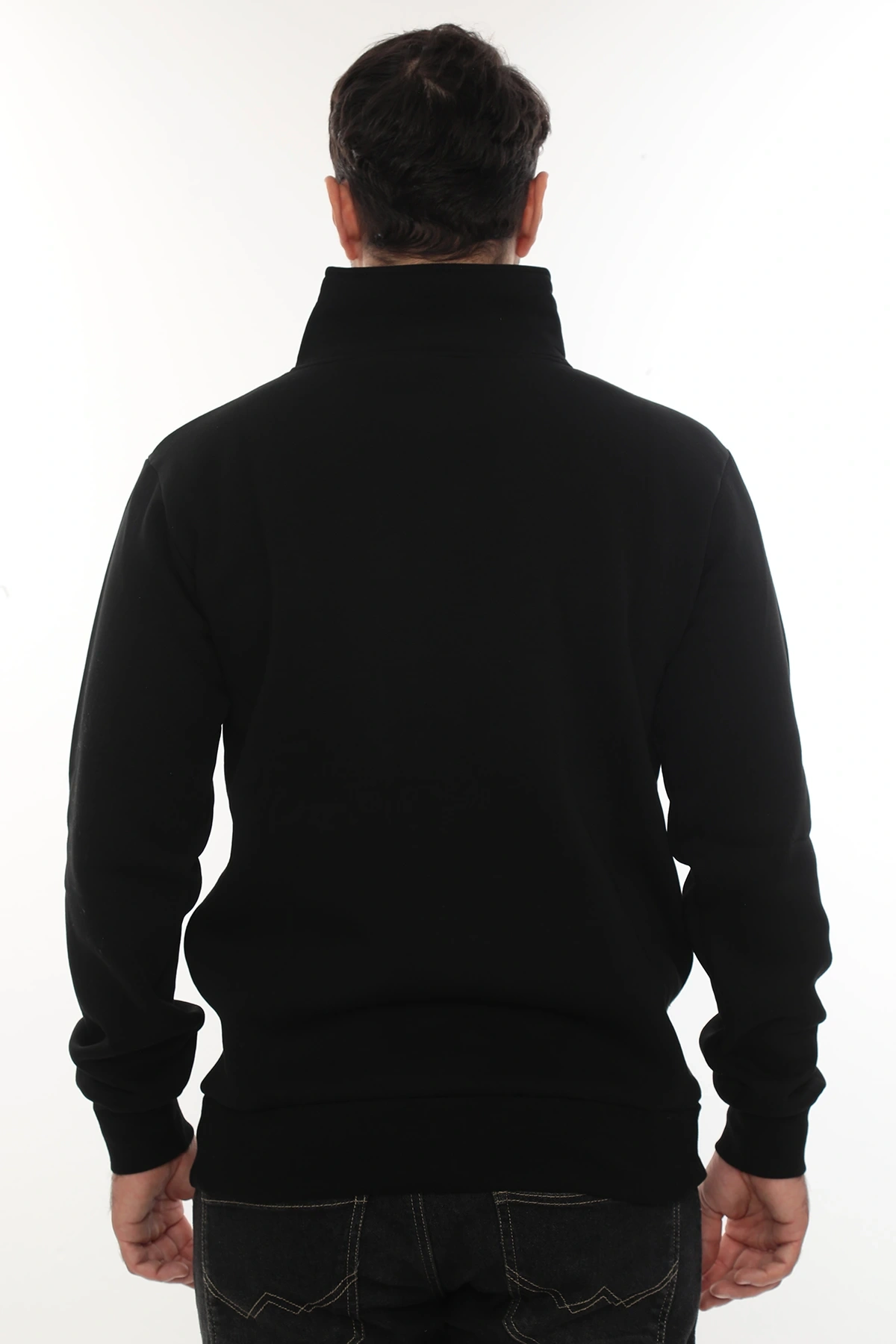 Erkek Siyah Standart Fit Normal Kesim Içi Polarlı Yarım Fermuarlı Dik Bato Yaka Pamuklu Sweatshirt