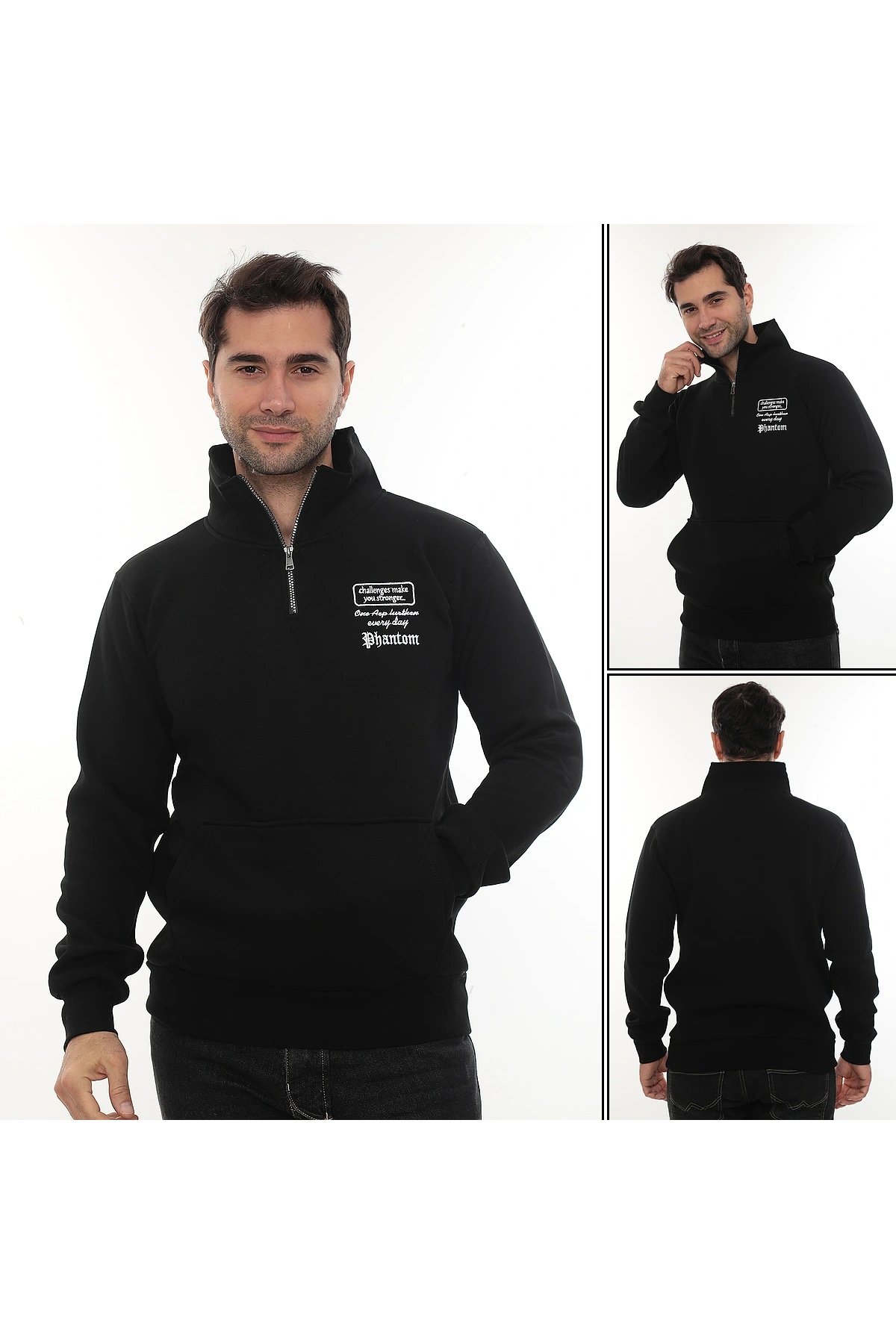 Erkek Siyah Standart Fit Normal Kesim Içi Polarlı Yarım Fermuarlı Dik Bato Yaka Pamuklu Sweatshirt