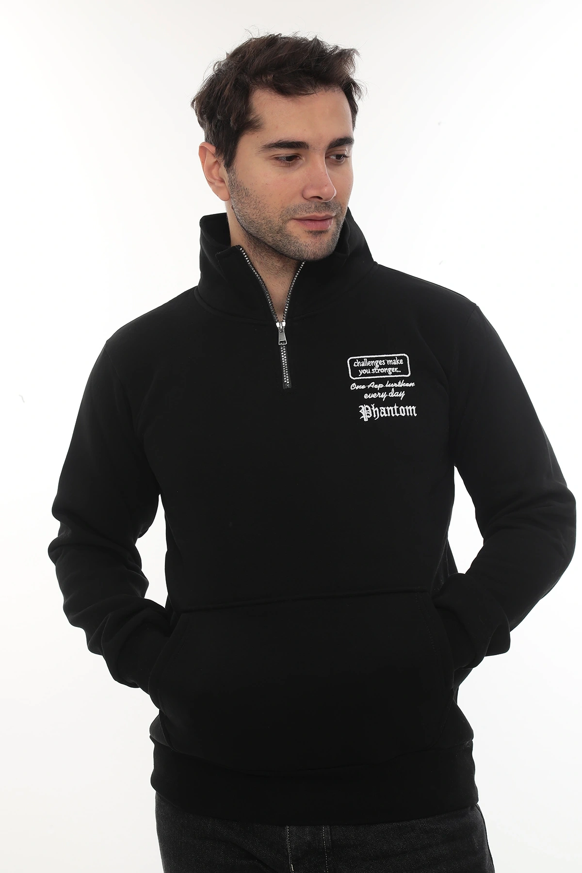 Erkek Siyah Standart Fit Normal Kesim Içi Polarlı Yarım Fermuarlı Dik Bato Yaka Pamuklu Sweatshirt