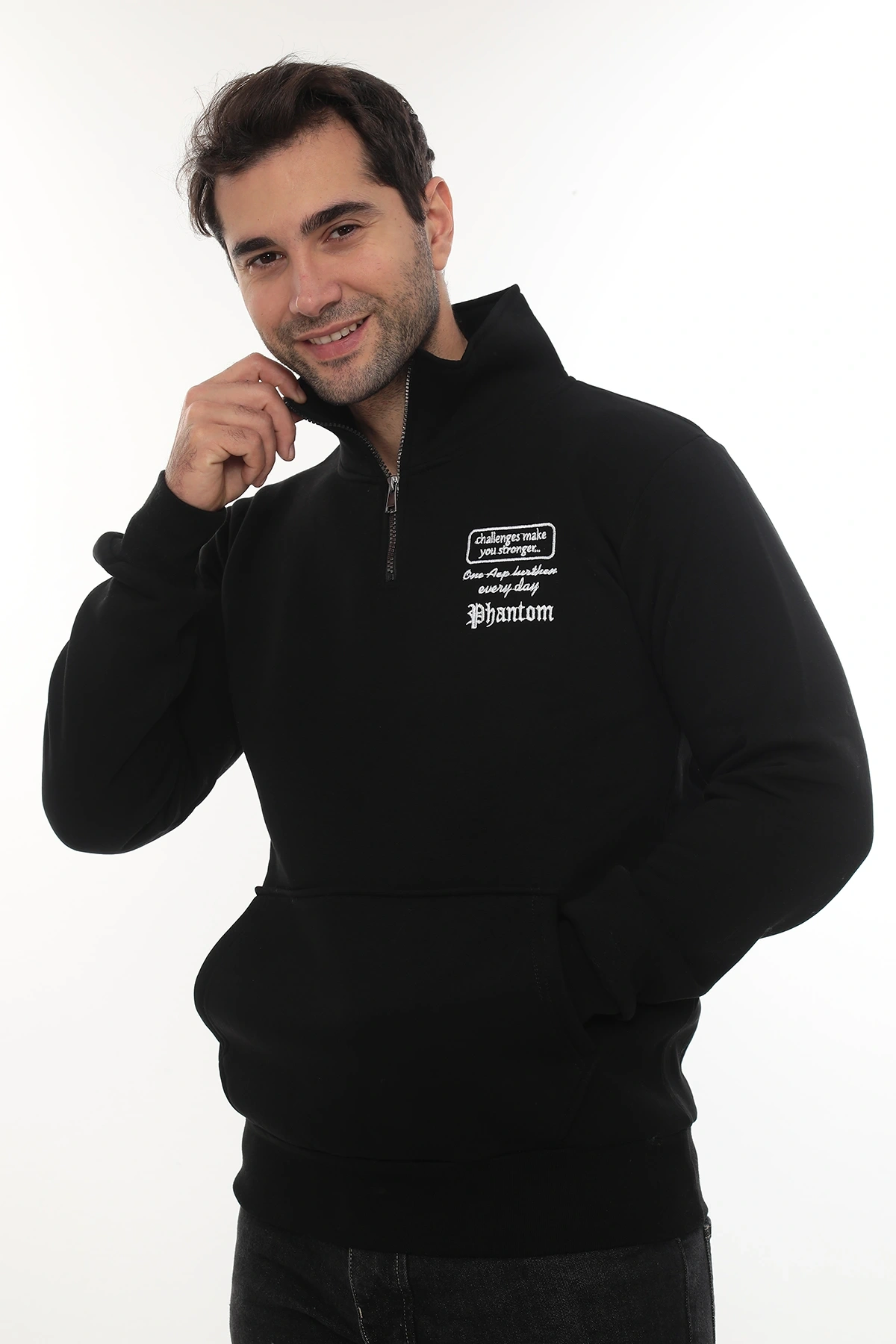 Erkek Siyah Standart Fit Normal Kesim Içi Polarlı Yarım Fermuarlı Dik Bato Yaka Pamuklu Sweatshirt