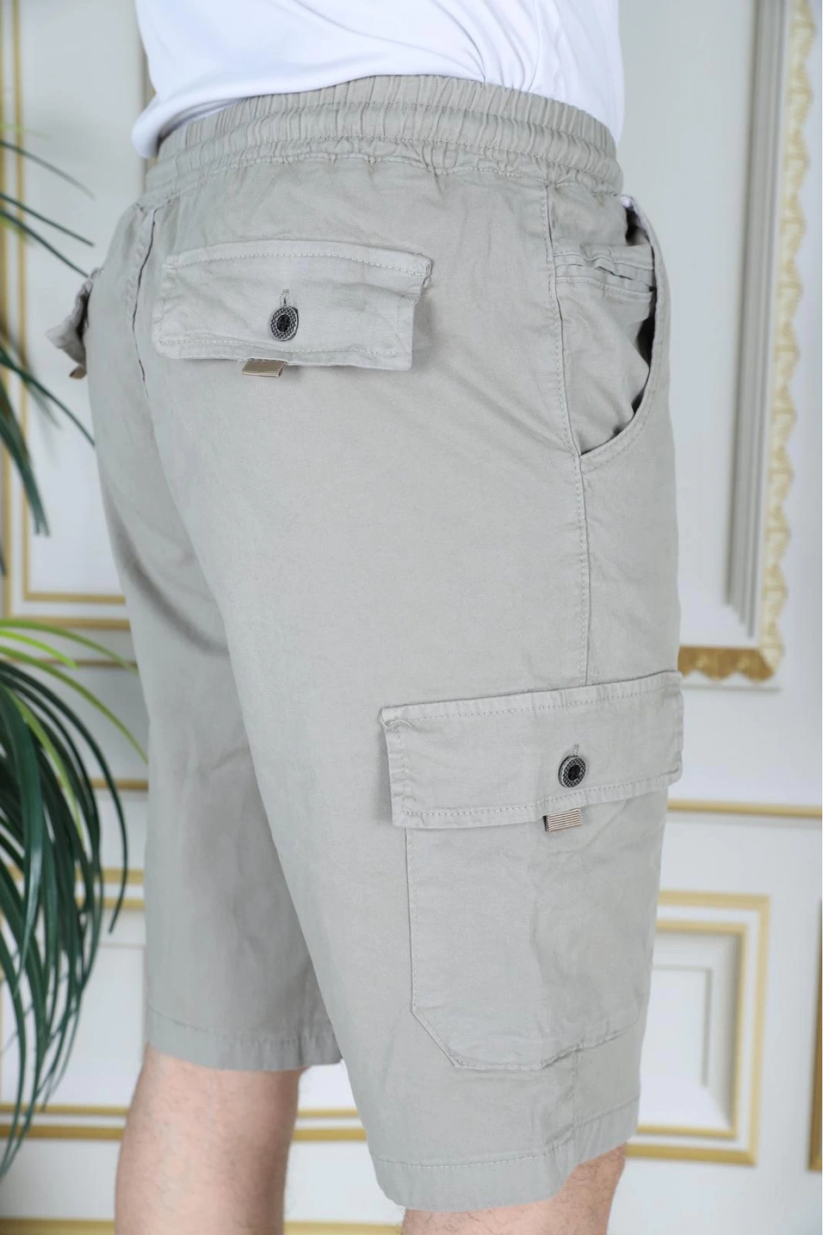 Erkek Su Yeşili Likralı Gabardin Şort Kargo Cepli Pamuklu Beli Lastikli Bağcıklı Basic Şort