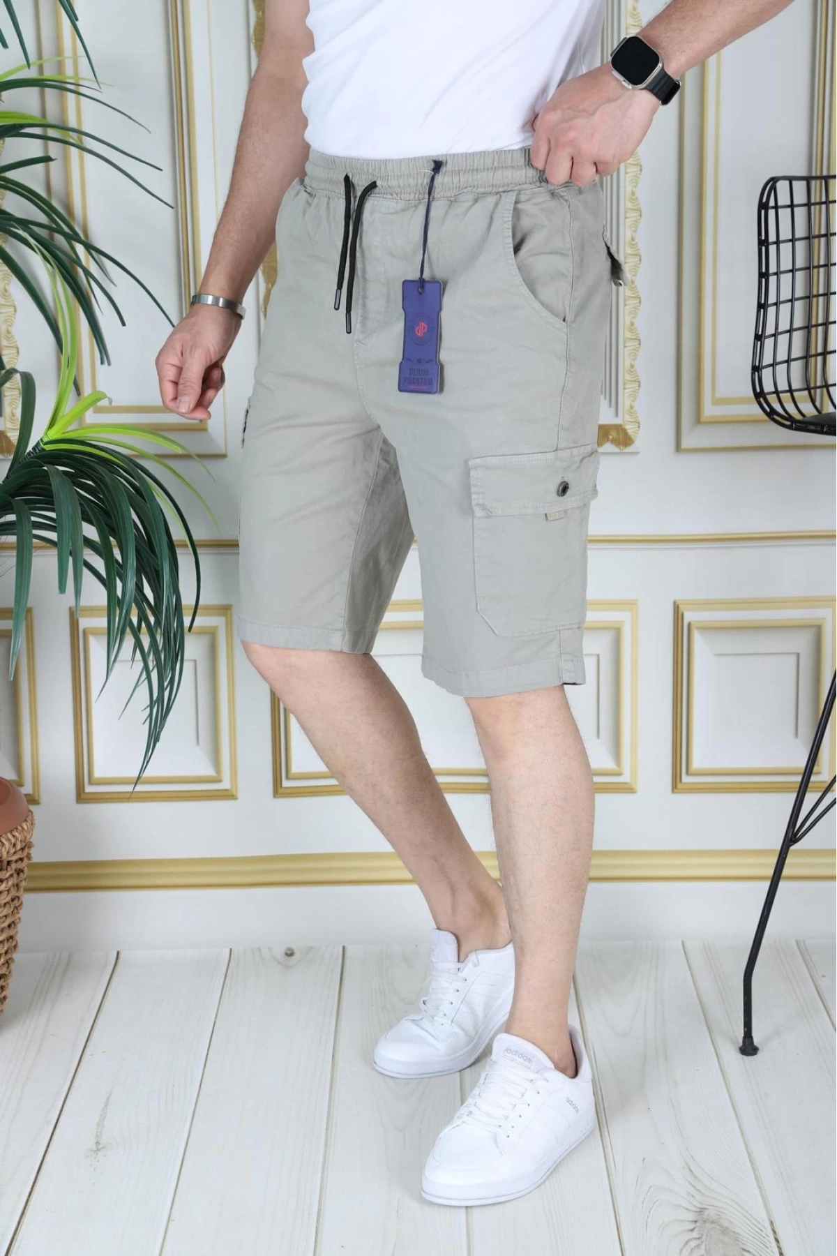 Erkek Su Yeşili Likralı Gabardin Şort Kargo Cepli Pamuklu Beli Lastikli Bağcıklı Basic Şort