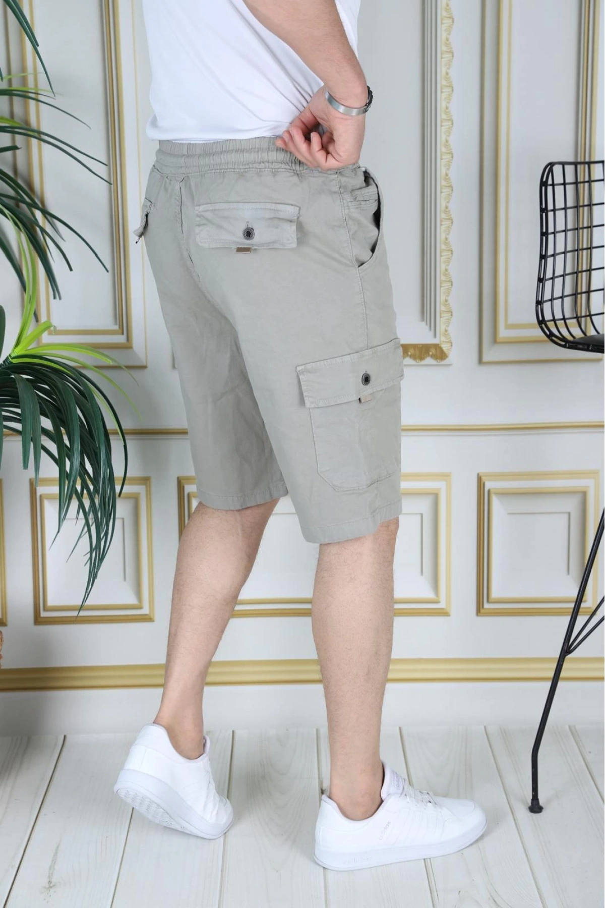 Erkek Su Yeşili Likralı Gabardin Şort Kargo Cepli Pamuklu Beli Lastikli Bağcıklı Basic Şort