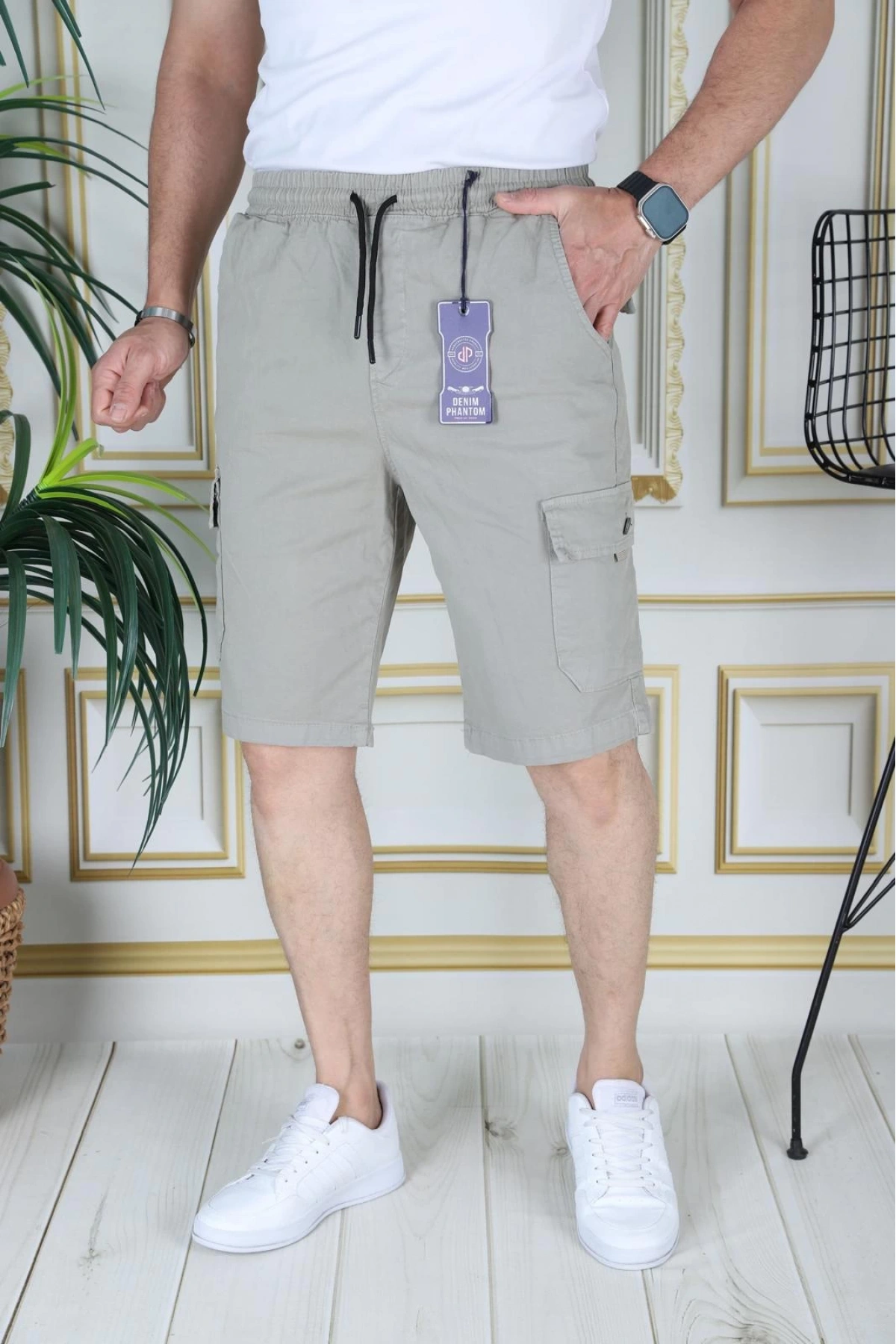 Erkek Su Yeşili Likralı Gabardin Şort Kargo Cepli Pamuklu Beli Lastikli Bağcıklı Basic Şort