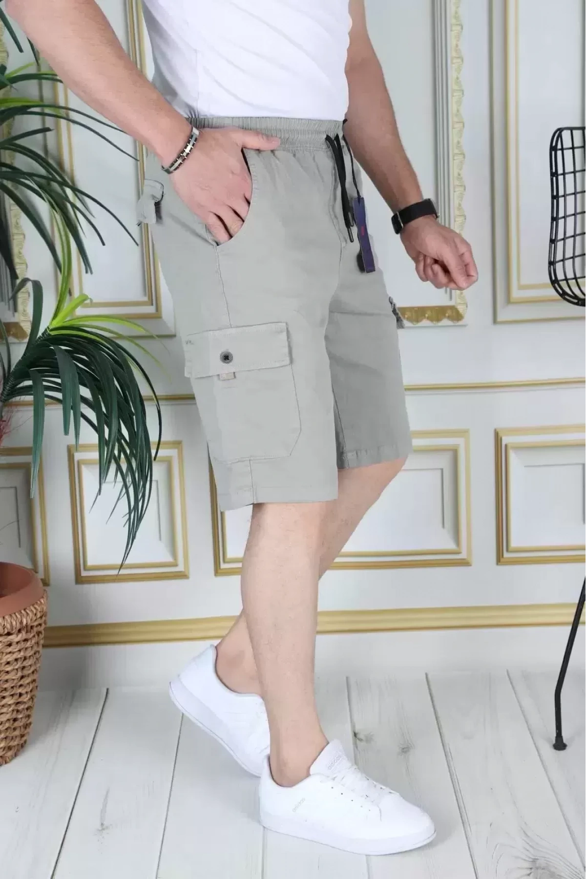 Erkek Su Yeşili Likralı Gabardin Şort Kargo Cepli Pamuklu Beli Lastikli Bağcıklı Basic Şort