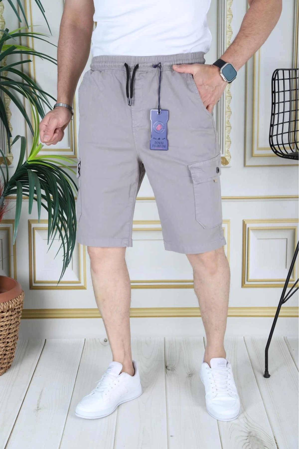 Erkek Taş Renk Likralı Gabardin Şort Kargo Cepli Pamuklu Beli Lastikli Bağcıklı Basic Şort