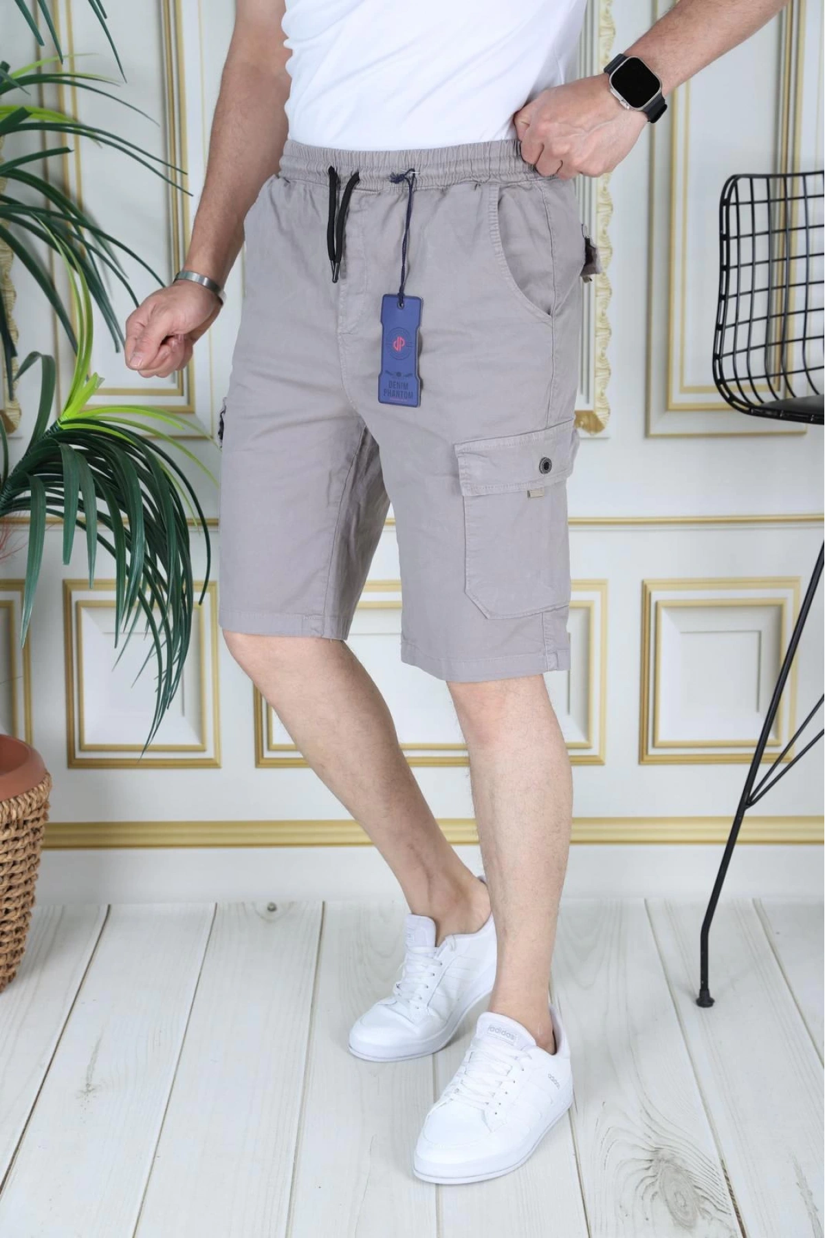 Erkek Taş Renk Likralı Gabardin Şort Kargo Cepli Pamuklu Beli Lastikli Bağcıklı Basic Şort