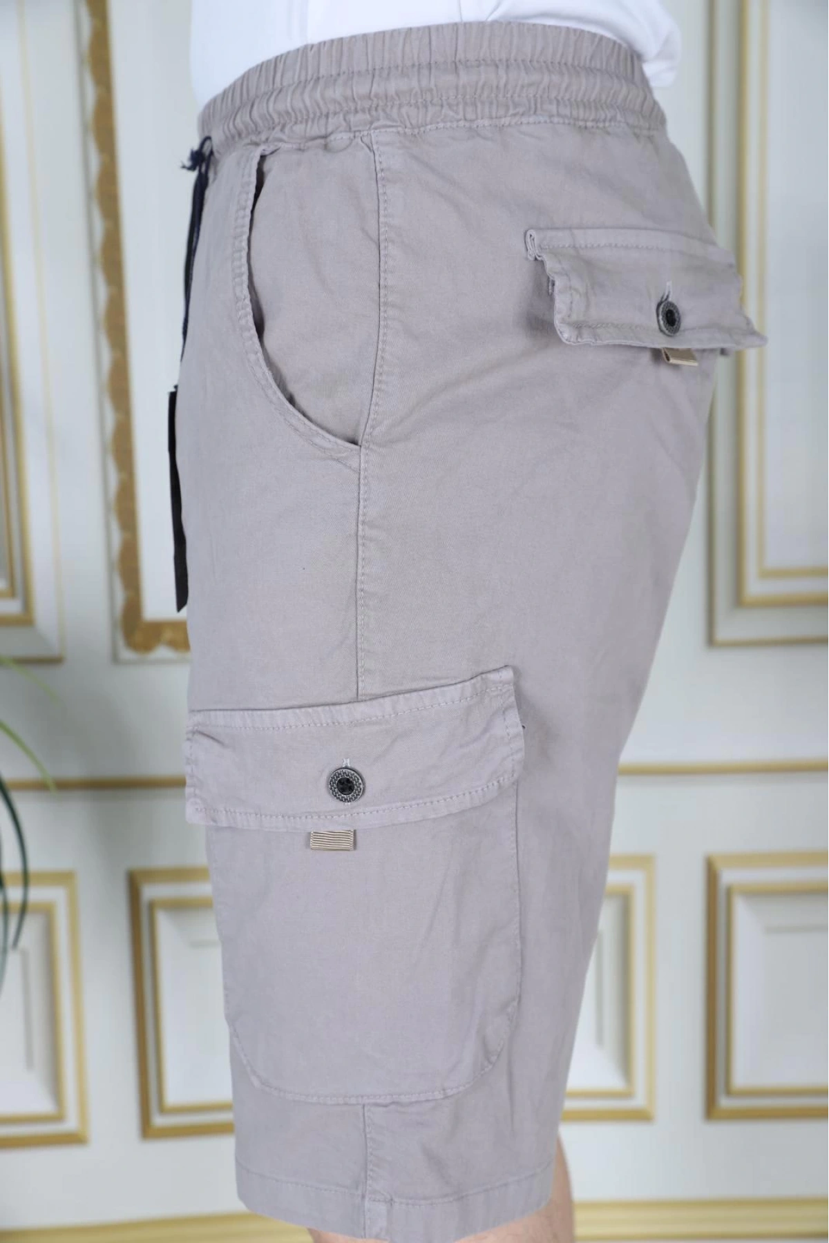 Erkek Taş Renk Likralı Gabardin Şort Kargo Cepli Pamuklu Beli Lastikli Bağcıklı Basic Şort