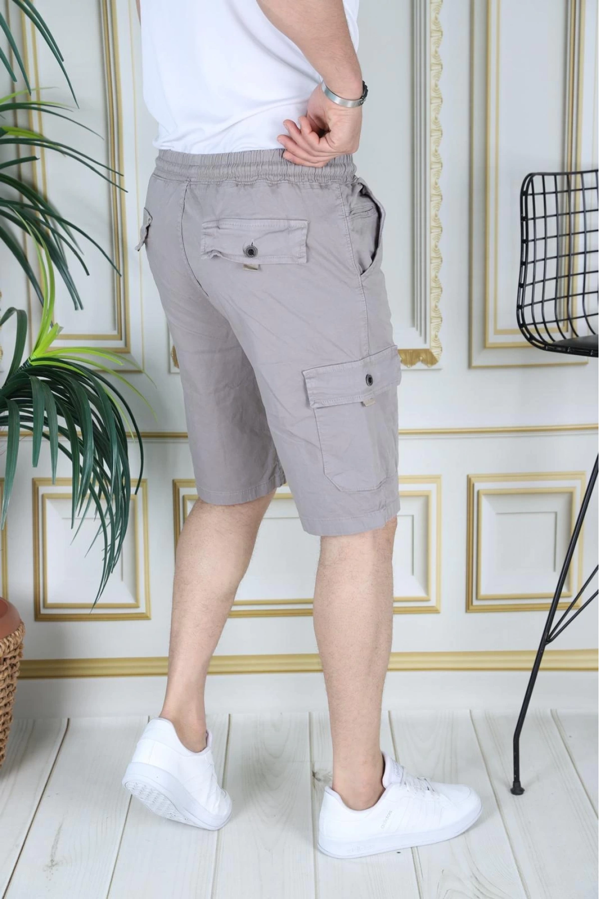 Erkek Taş Renk Likralı Gabardin Şort Kargo Cepli Pamuklu Beli Lastikli Bağcıklı Basic Şort