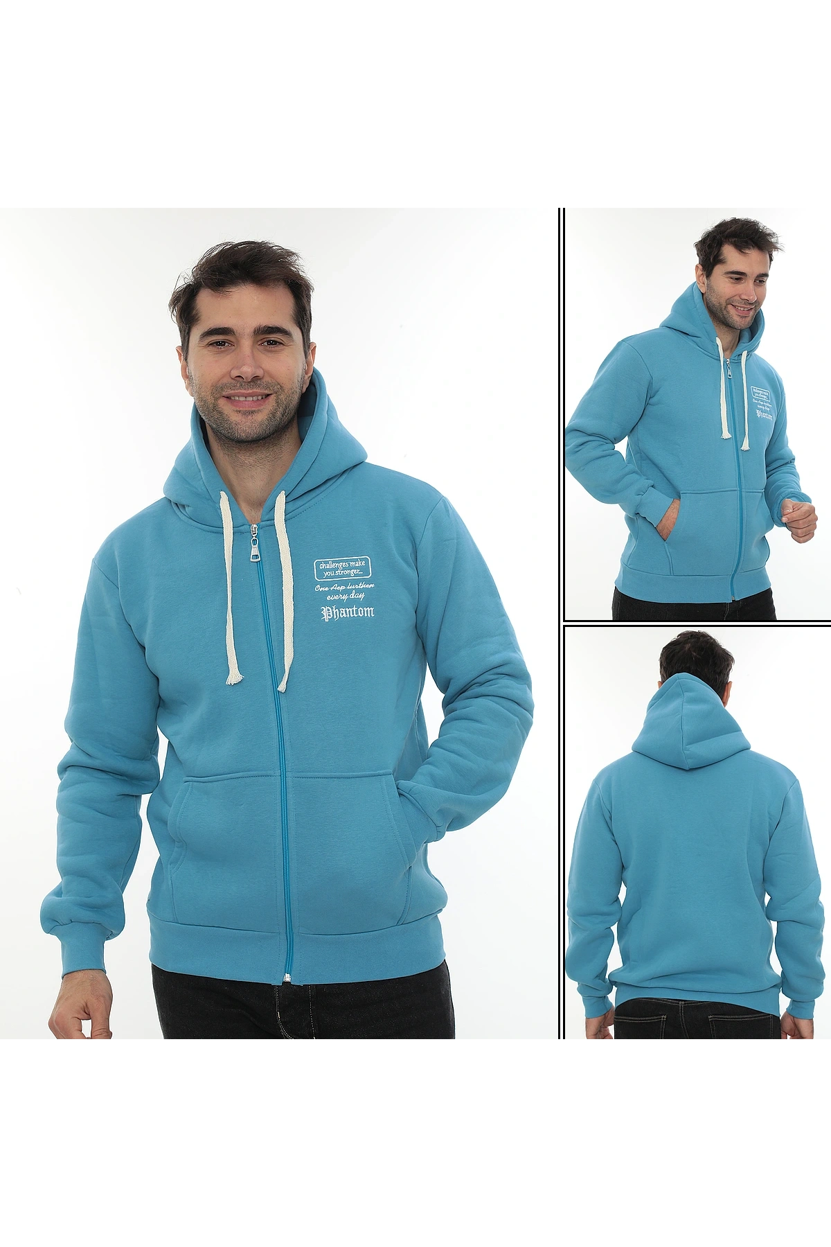 Erkek Turkuaz Standart Fit Normal Kesim Içi Polarlı Tam Fermuarlı Kapüşonlu Pamuklu Sweatshirt