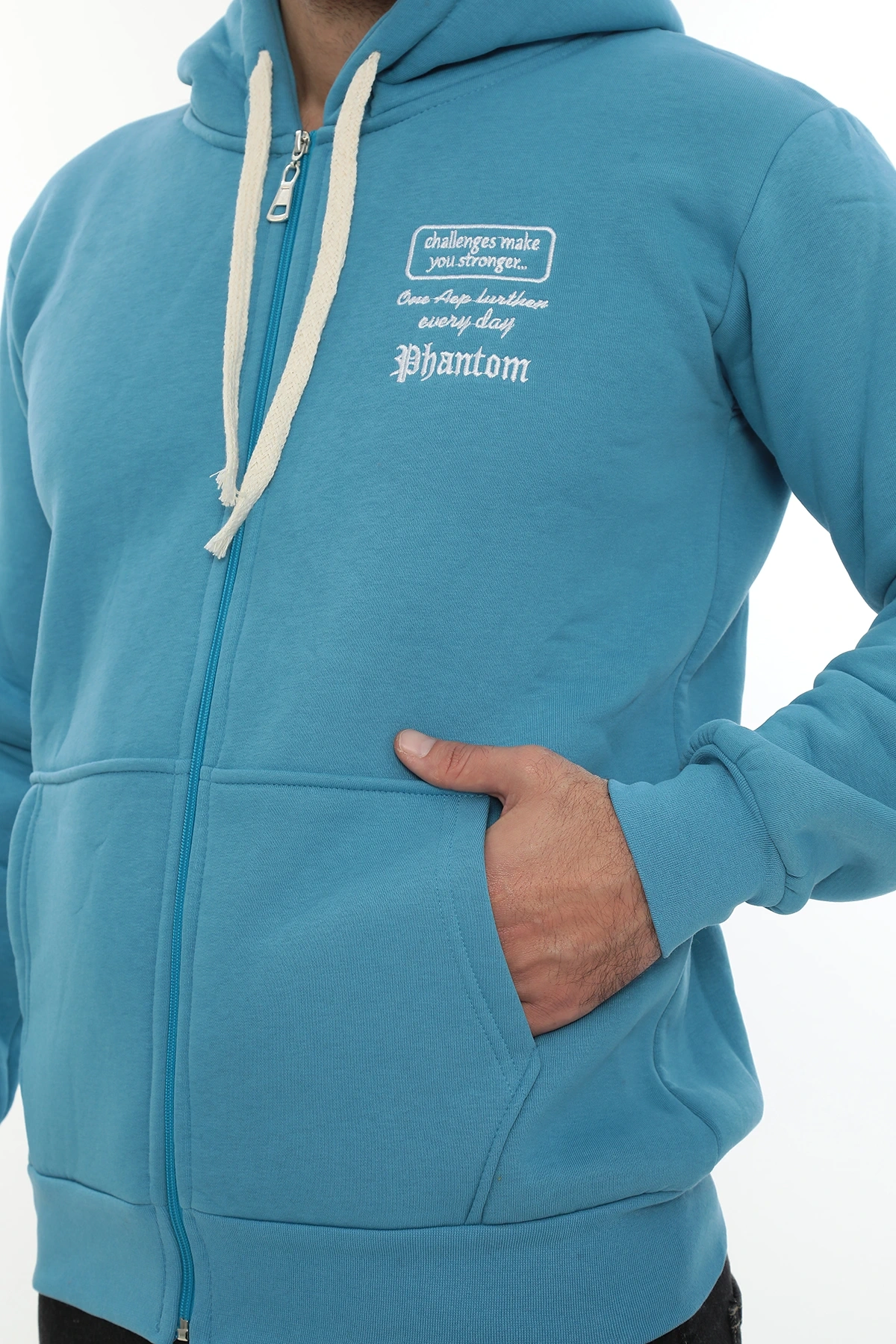 Erkek Turkuaz Standart Fit Normal Kesim Içi Polarlı Tam Fermuarlı Kapüşonlu Pamuklu Sweatshirt