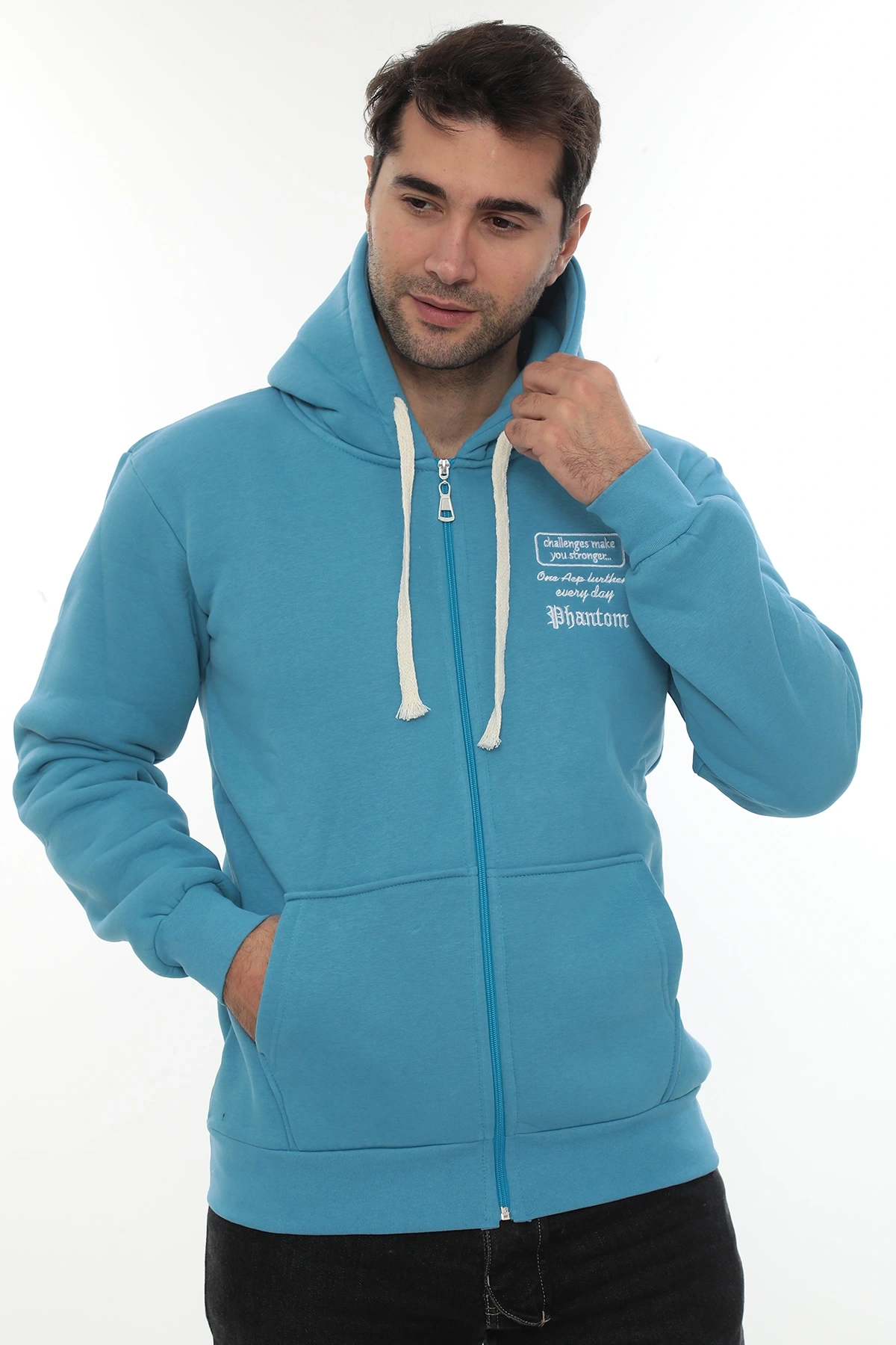 Erkek Turkuaz Standart Fit Normal Kesim Içi Polarlı Tam Fermuarlı Kapüşonlu Pamuklu Sweatshirt