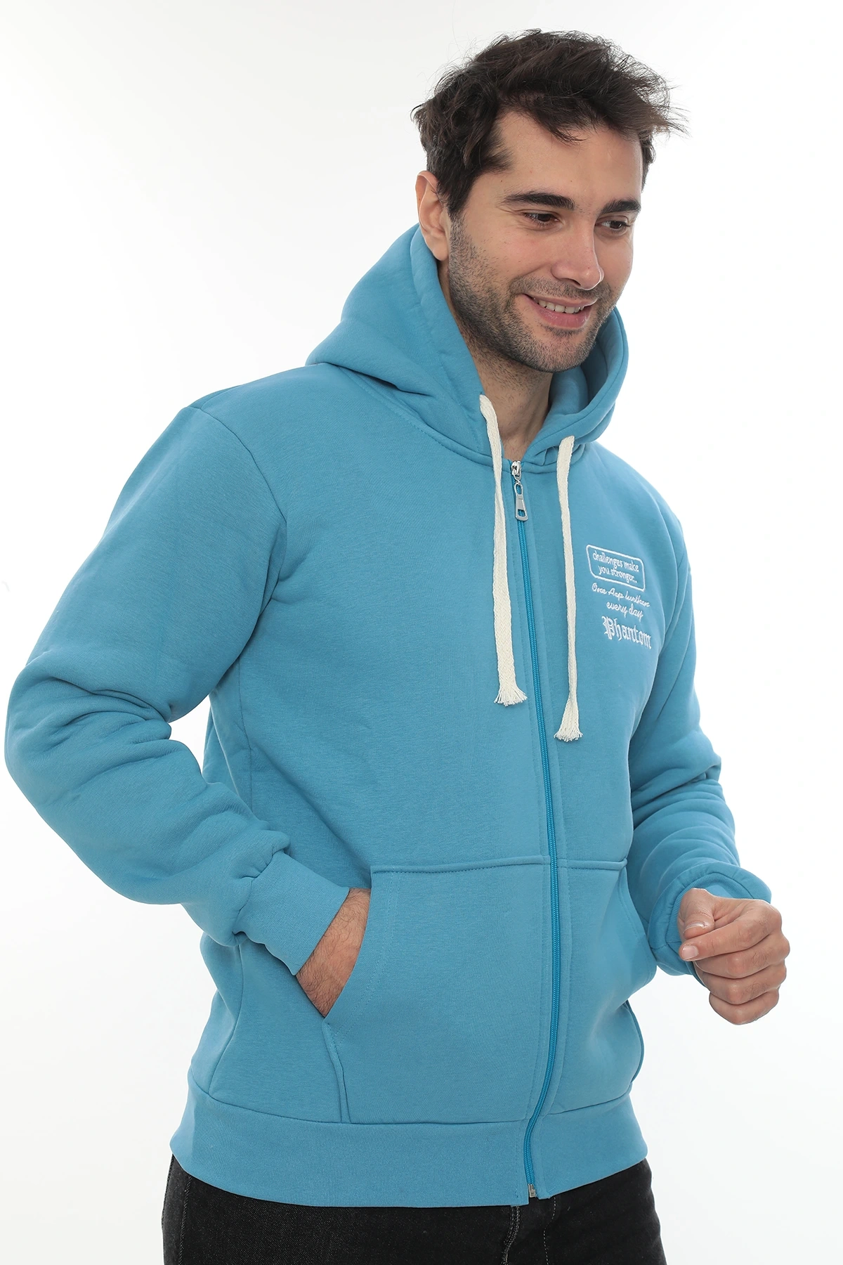 Erkek Turkuaz Standart Fit Normal Kesim Içi Polarlı Tam Fermuarlı Kapüşonlu Pamuklu Sweatshirt