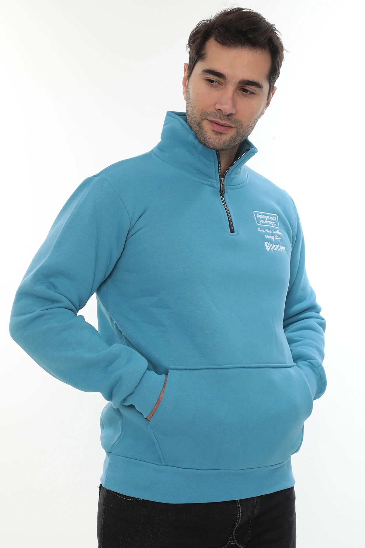 Erkek Turkuaz Standart Fit Normal Kesim Içi Polarlı Yarım Fermuarlı Dik Bato Yaka Pamuklu Sweatshirt