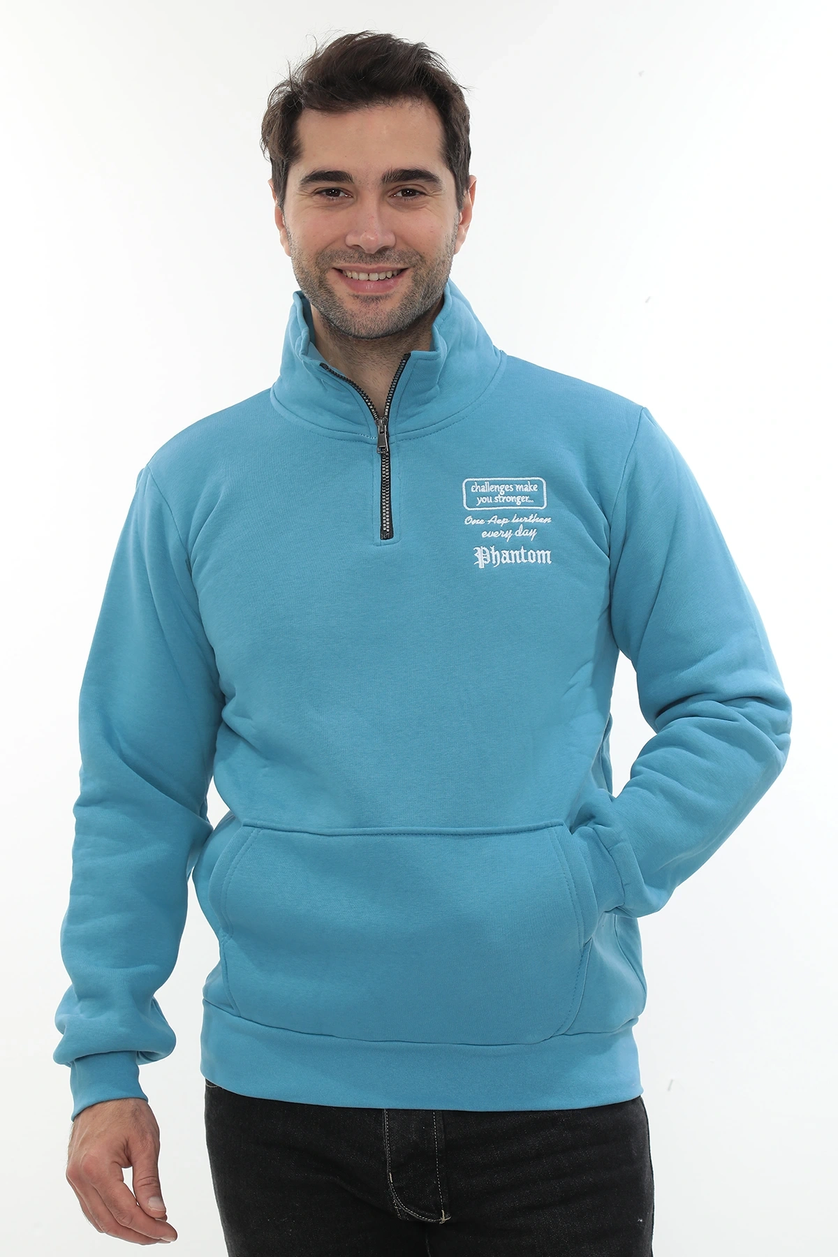 Erkek Turkuaz Standart Fit Normal Kesim Içi Polarlı Yarım Fermuarlı Dik Bato Yaka Pamuklu Sweatshirt