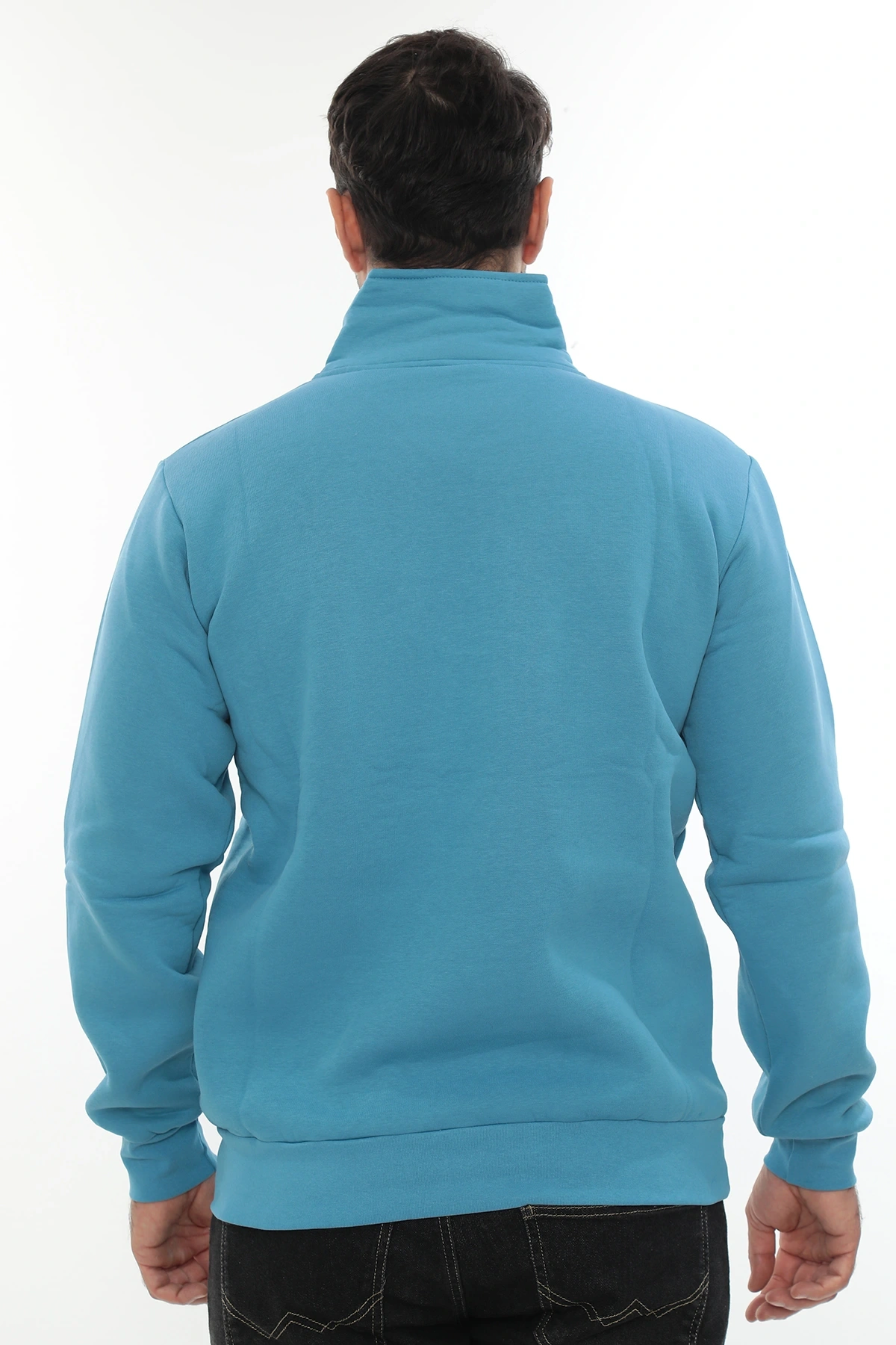 Erkek Turkuaz Standart Fit Normal Kesim Içi Polarlı Yarım Fermuarlı Dik Bato Yaka Pamuklu Sweatshirt