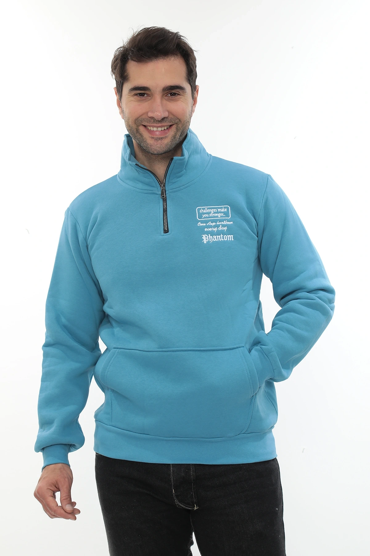 Erkek Turkuaz Standart Fit Normal Kesim Içi Polarlı Yarım Fermuarlı Dik Bato Yaka Pamuklu Sweatshirt