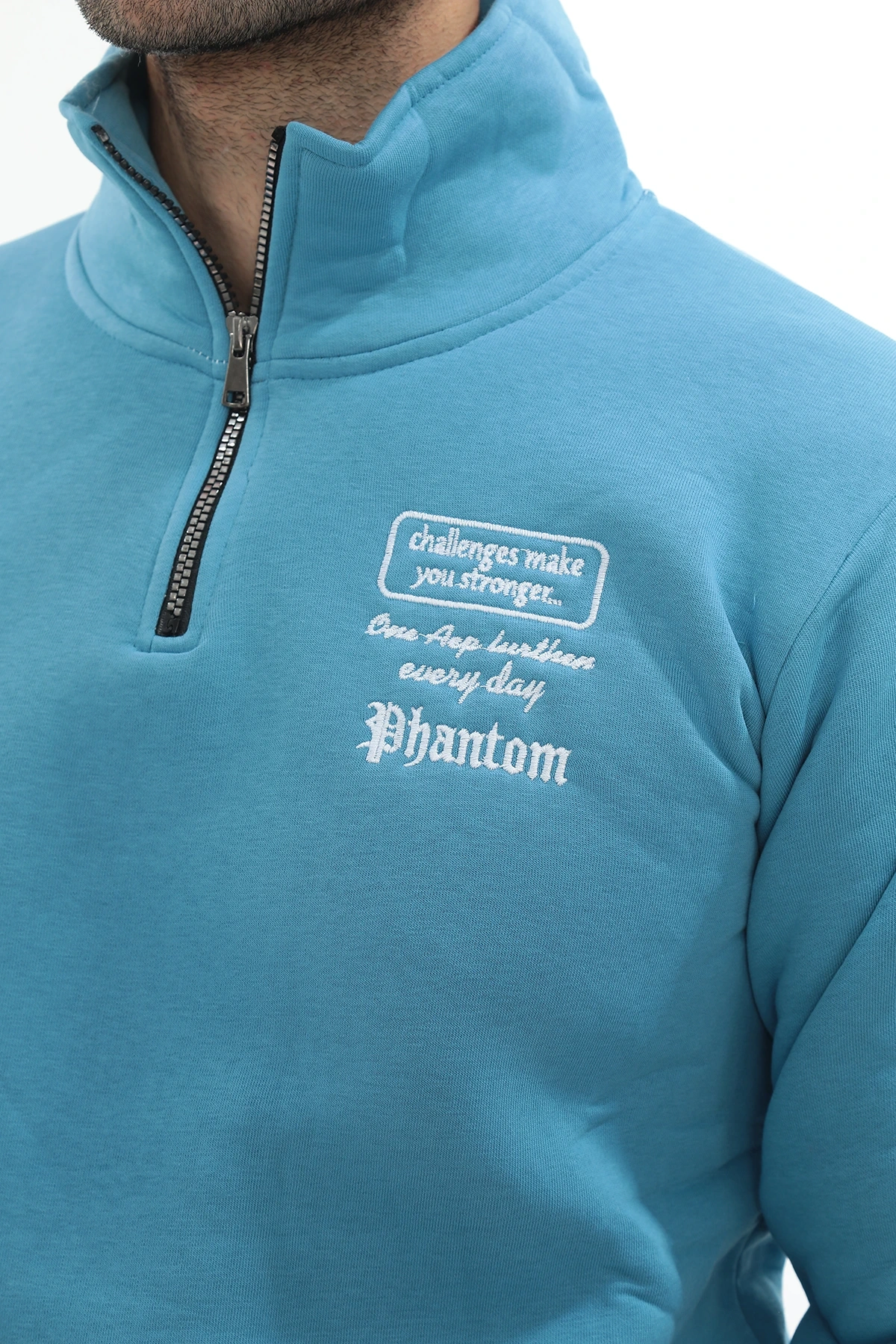 Erkek Turkuaz Standart Fit Normal Kesim Içi Polarlı Yarım Fermuarlı Dik Bato Yaka Pamuklu Sweatshirt