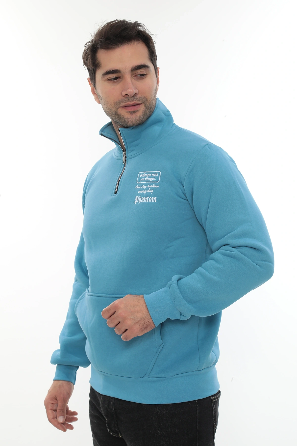 Erkek Turkuaz Standart Fit Normal Kesim Içi Polarlı Yarım Fermuarlı Dik Bato Yaka Pamuklu Sweatshirt