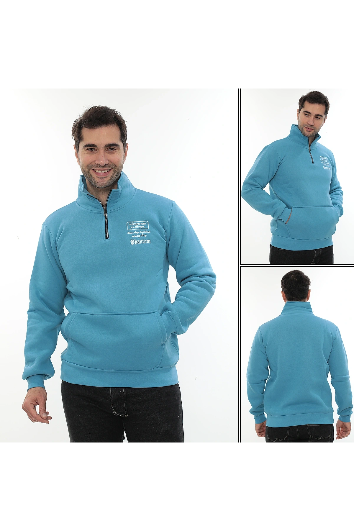 Erkek Turkuaz Standart Fit Normal Kesim Içi Polarlı Yarım Fermuarlı Dik Bato Yaka Pamuklu Sweatshirt