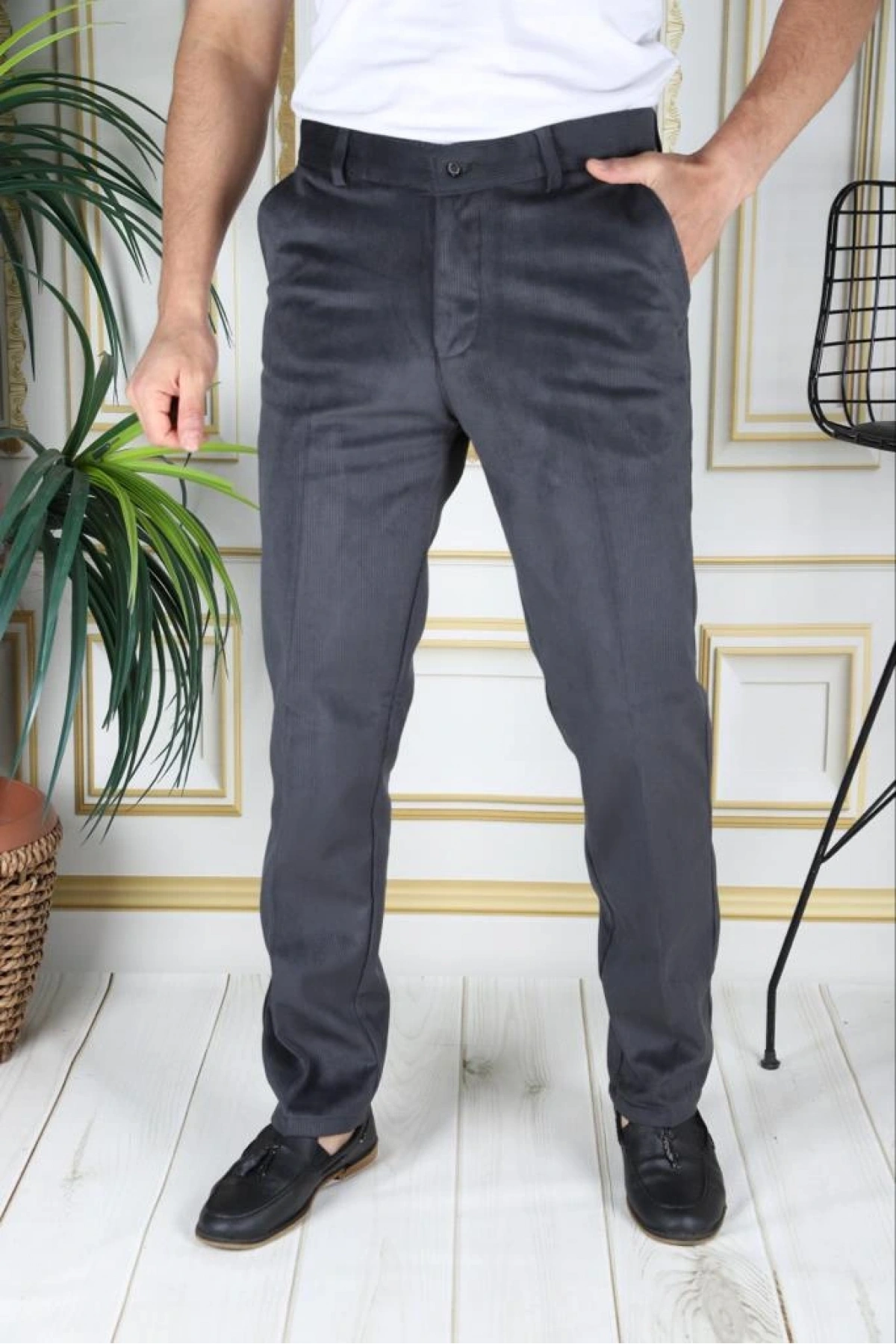 Füme Polarlı Kadife Pantolon Esnek Kalın Fitil Klasik Kesim Yan Cepli Astarlı Phantom Jeans