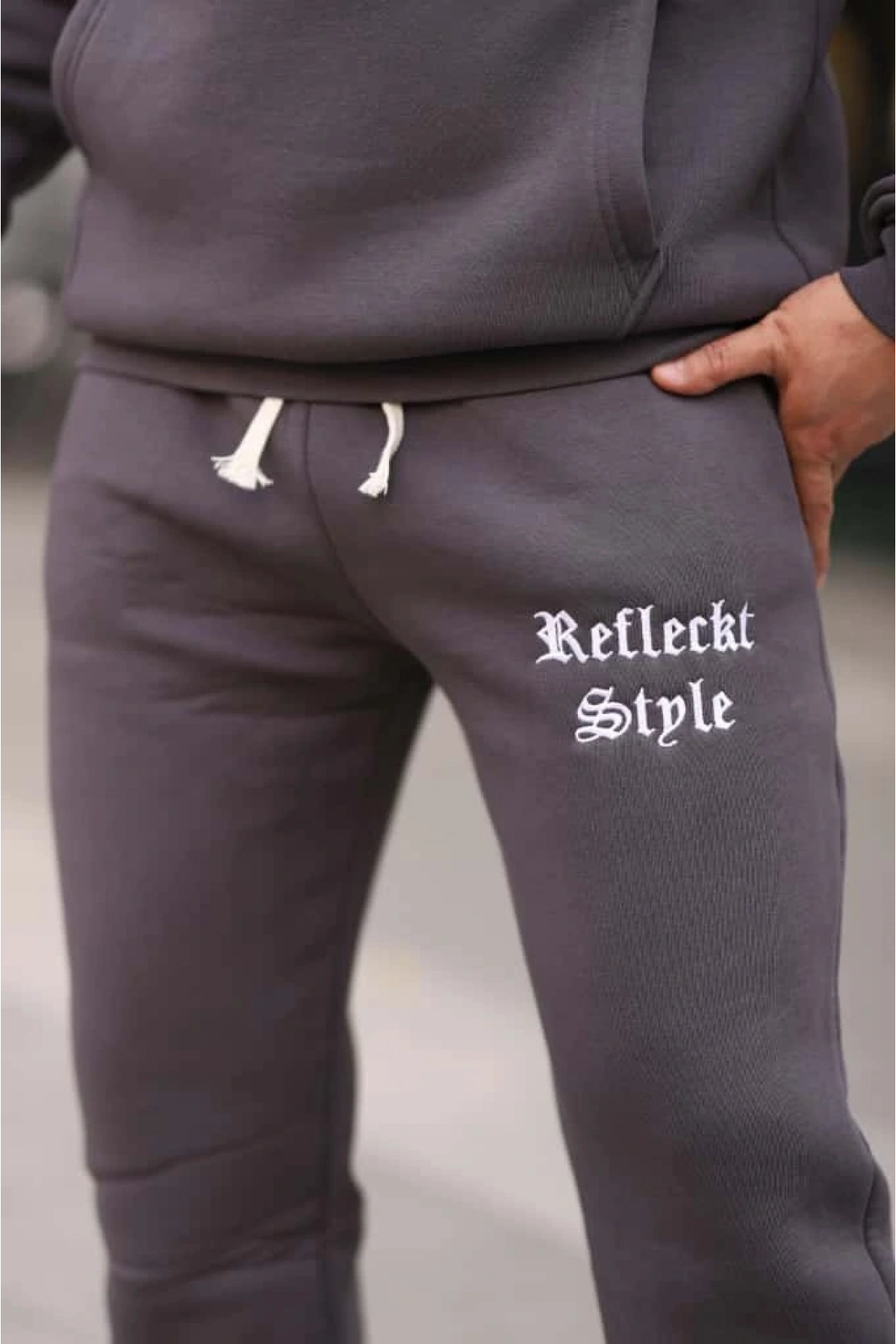 Füme Şık İçi Polarlı Erkek Eşofman Takımı Paça Lastikli Cepli Kapüşonlu Nakış Detaylı Compact Takım