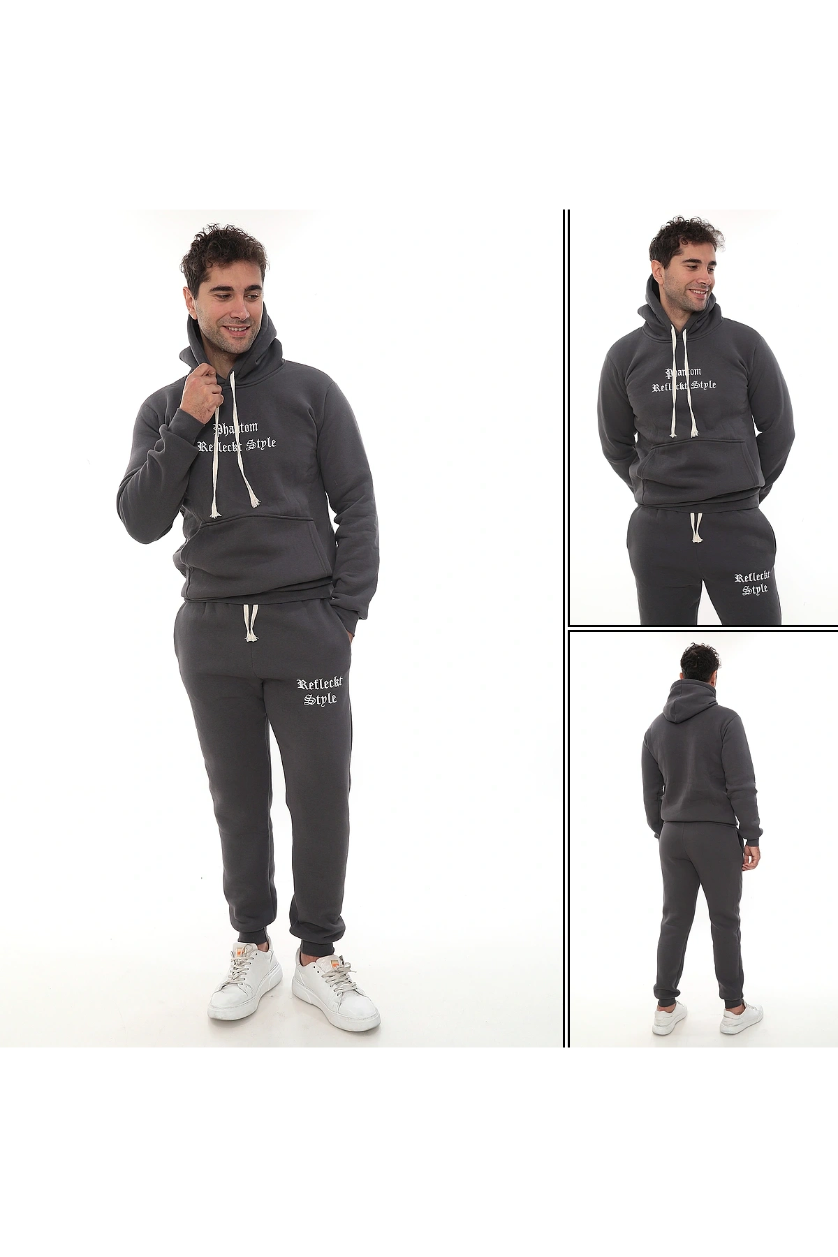 Füme Şık İçi Polarlı Erkek Eşofman Takımı Paça Lastikli Cepli Kapüşonlu Nakış Detaylı Compact Takım