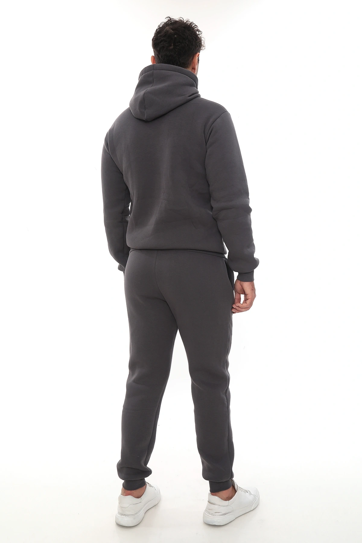 Füme Şık İçi Polarlı Erkek Eşofman Takımı Paça Lastikli Cepli Kapüşonlu Nakış Detaylı Compact Takım