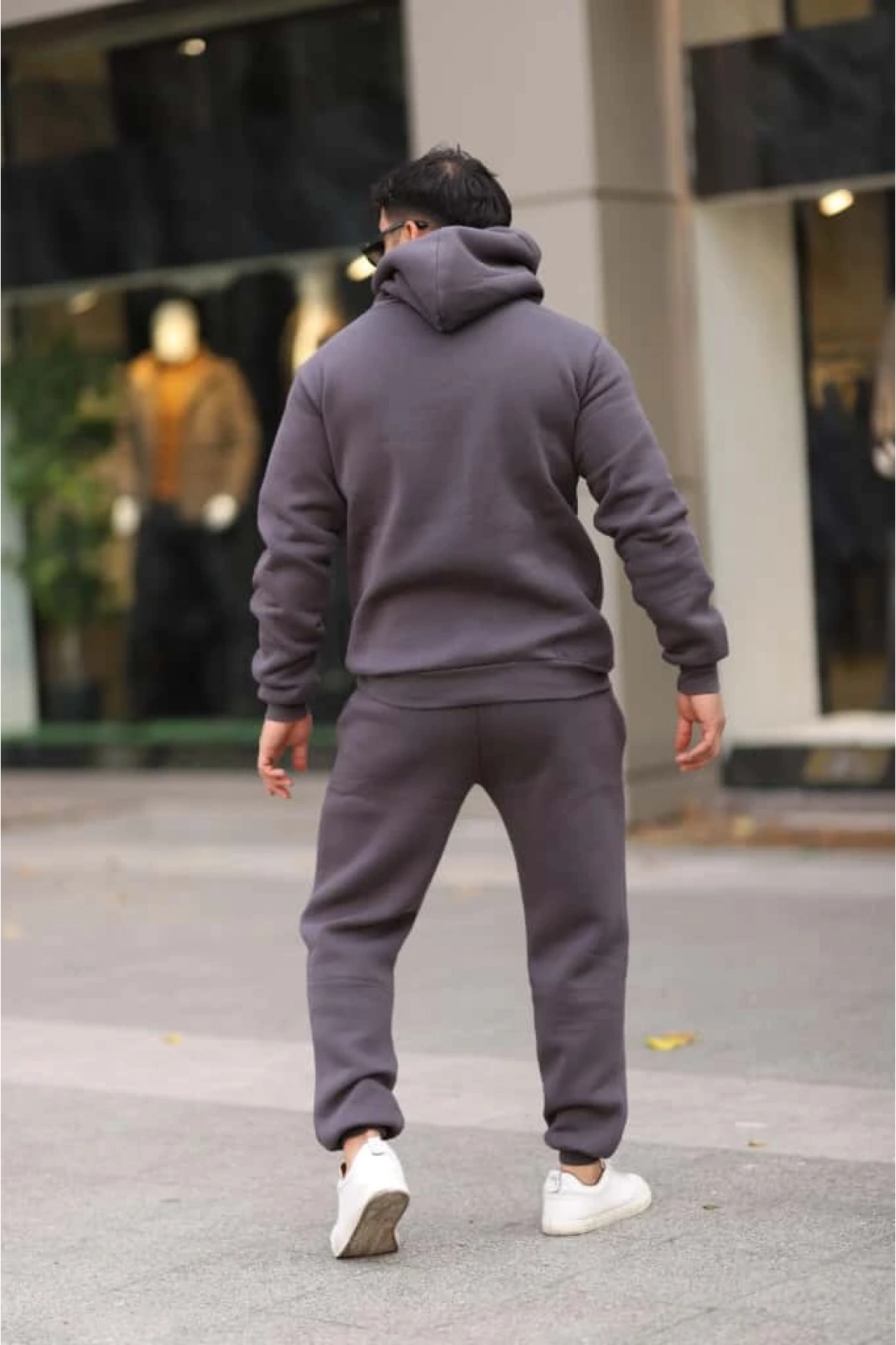 Füme Şık İçi Polarlı Erkek Eşofman Takımı Paça Lastikli Cepli Kapüşonlu Nakış Detaylı Compact Takım