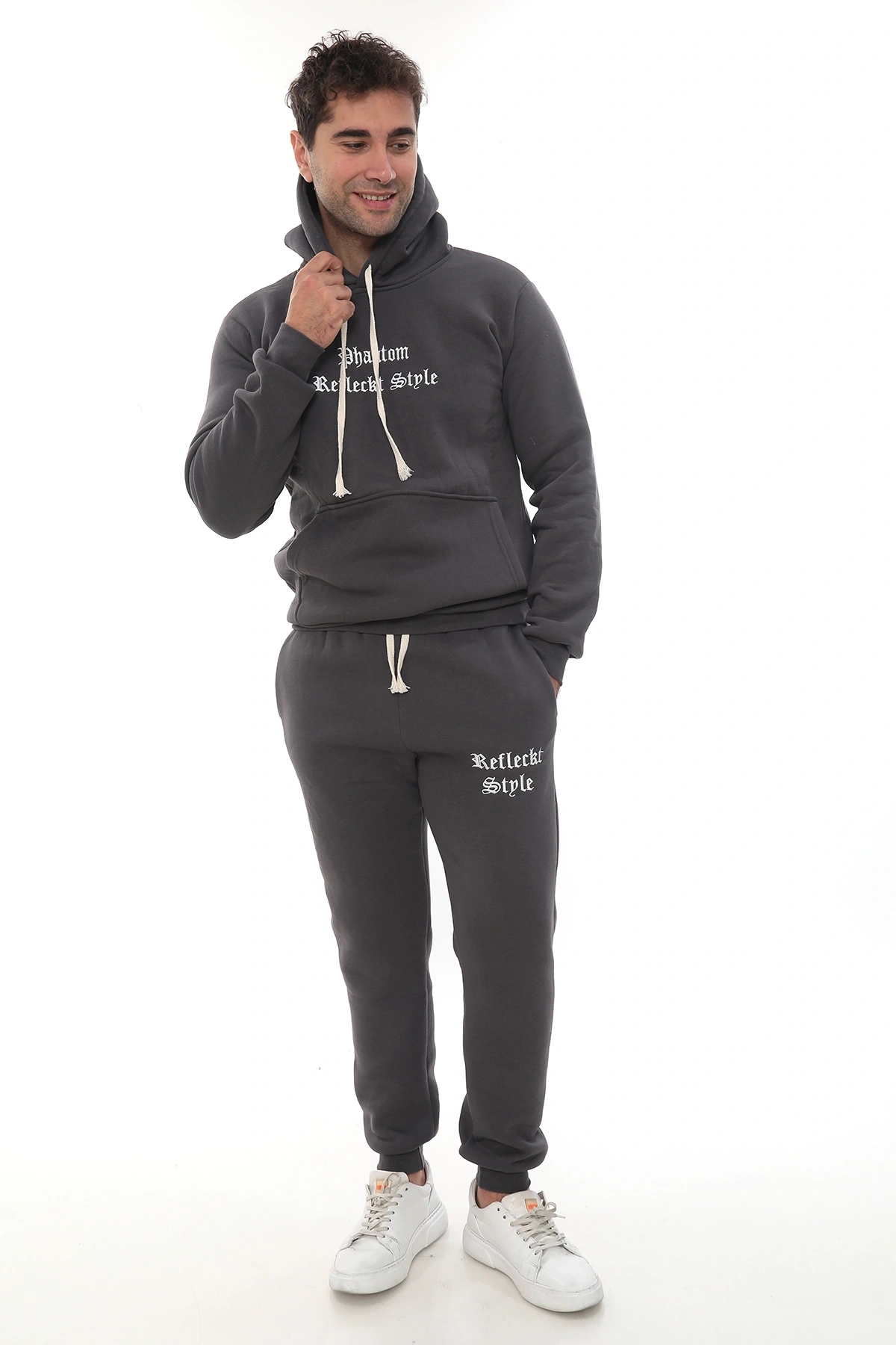 Füme Şık İçi Polarlı Erkek Eşofman Takımı Paça Lastikli Cepli Kapüşonlu Nakış Detaylı Compact Takım