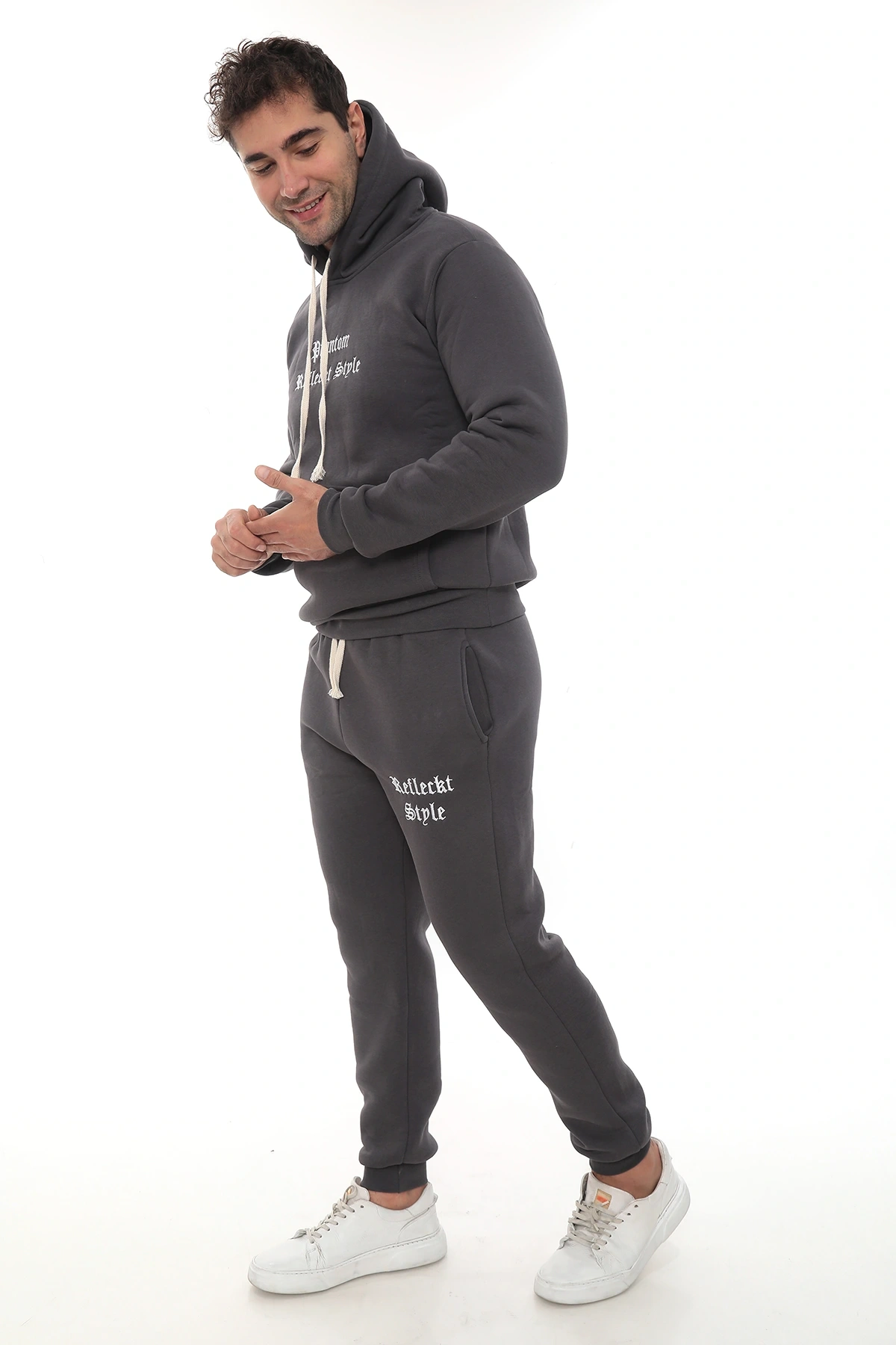Füme Şık İçi Polarlı Erkek Eşofman Takımı Paça Lastikli Cepli Kapüşonlu Nakış Detaylı Compact Takım