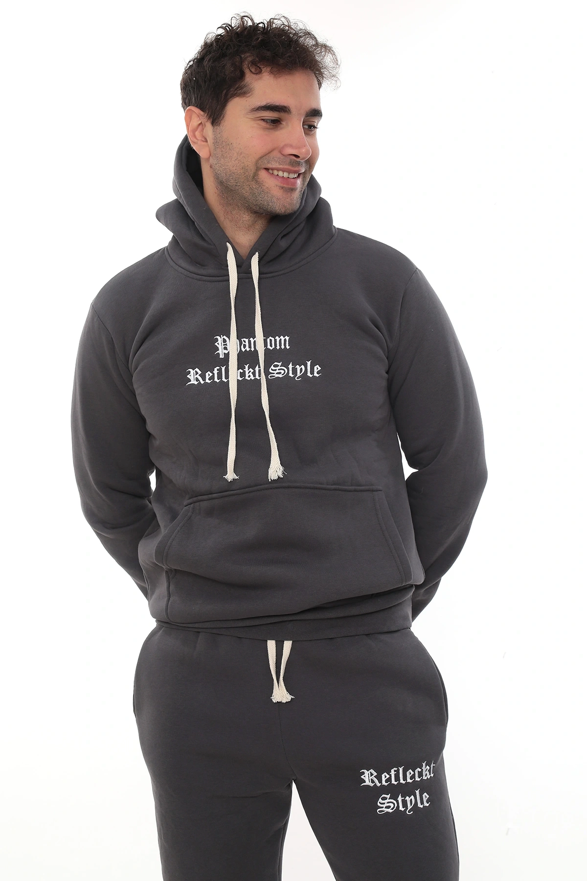 Füme Şık İçi Polarlı Erkek Eşofman Takımı Paça Lastikli Cepli Kapüşonlu Nakış Detaylı Compact Takım