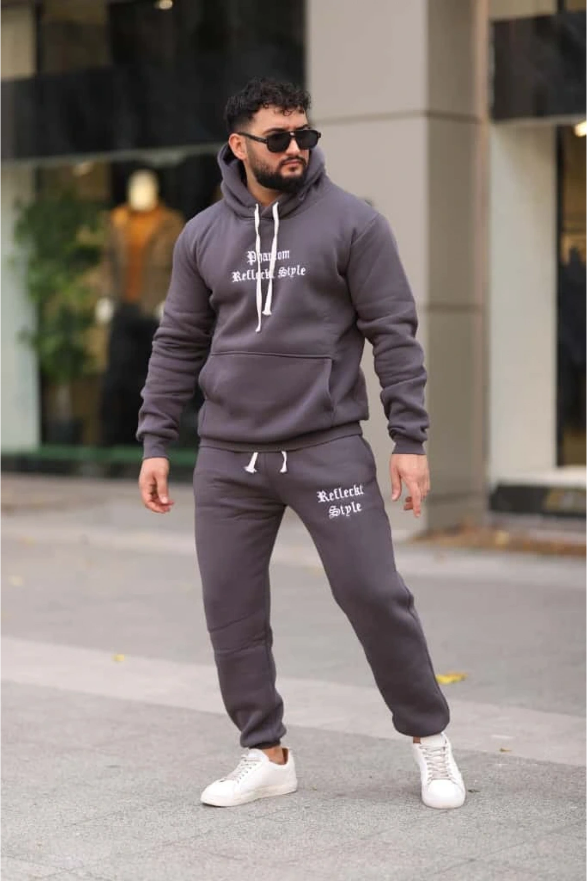 Füme Şık İçi Polarlı Erkek Eşofman Takımı Paça Lastikli Cepli Kapüşonlu Nakış Detaylı Compact Takım