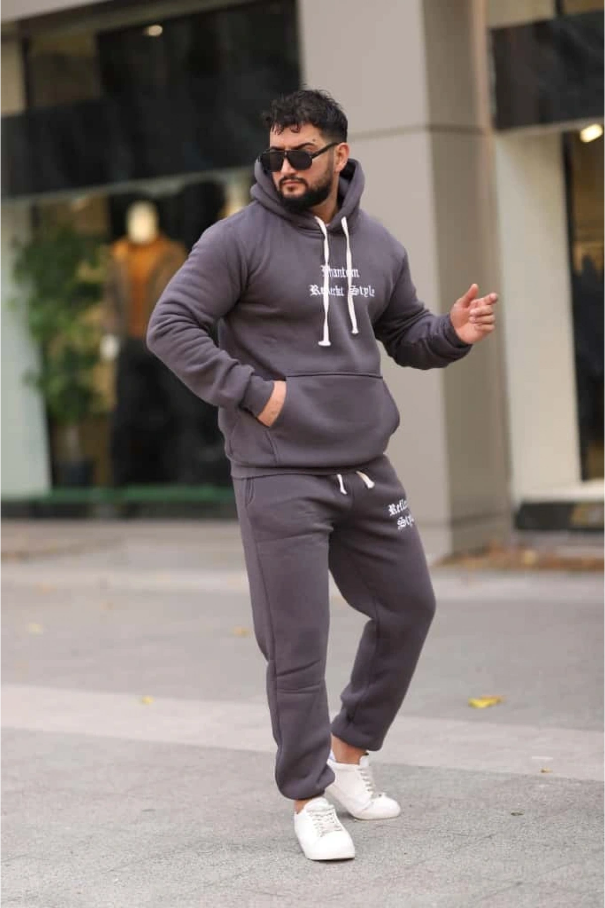 Füme Şık İçi Polarlı Erkek Eşofman Takımı Paça Lastikli Cepli Kapüşonlu Nakış Detaylı Compact Takım