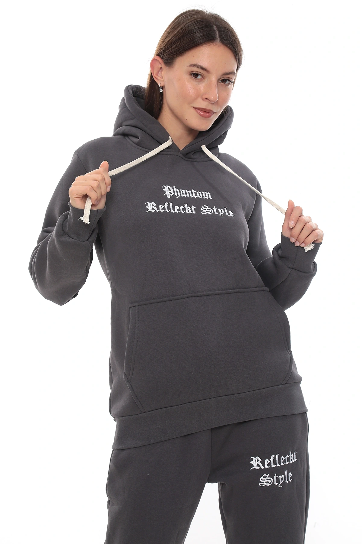 Füme Şık Polarlı Kadın Eşofman Takımı Paça Lastikli Cepli Kapüşonlu Nakış Detaylı Compact Takım