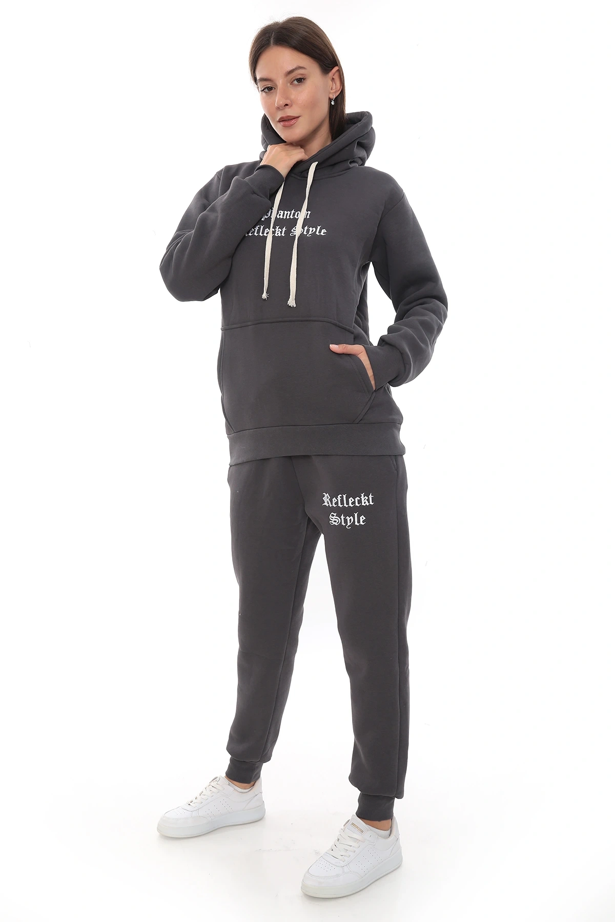 Füme Şık Polarlı Kadın Eşofman Takımı Paça Lastikli Cepli Kapüşonlu Nakış Detaylı Compact Takım