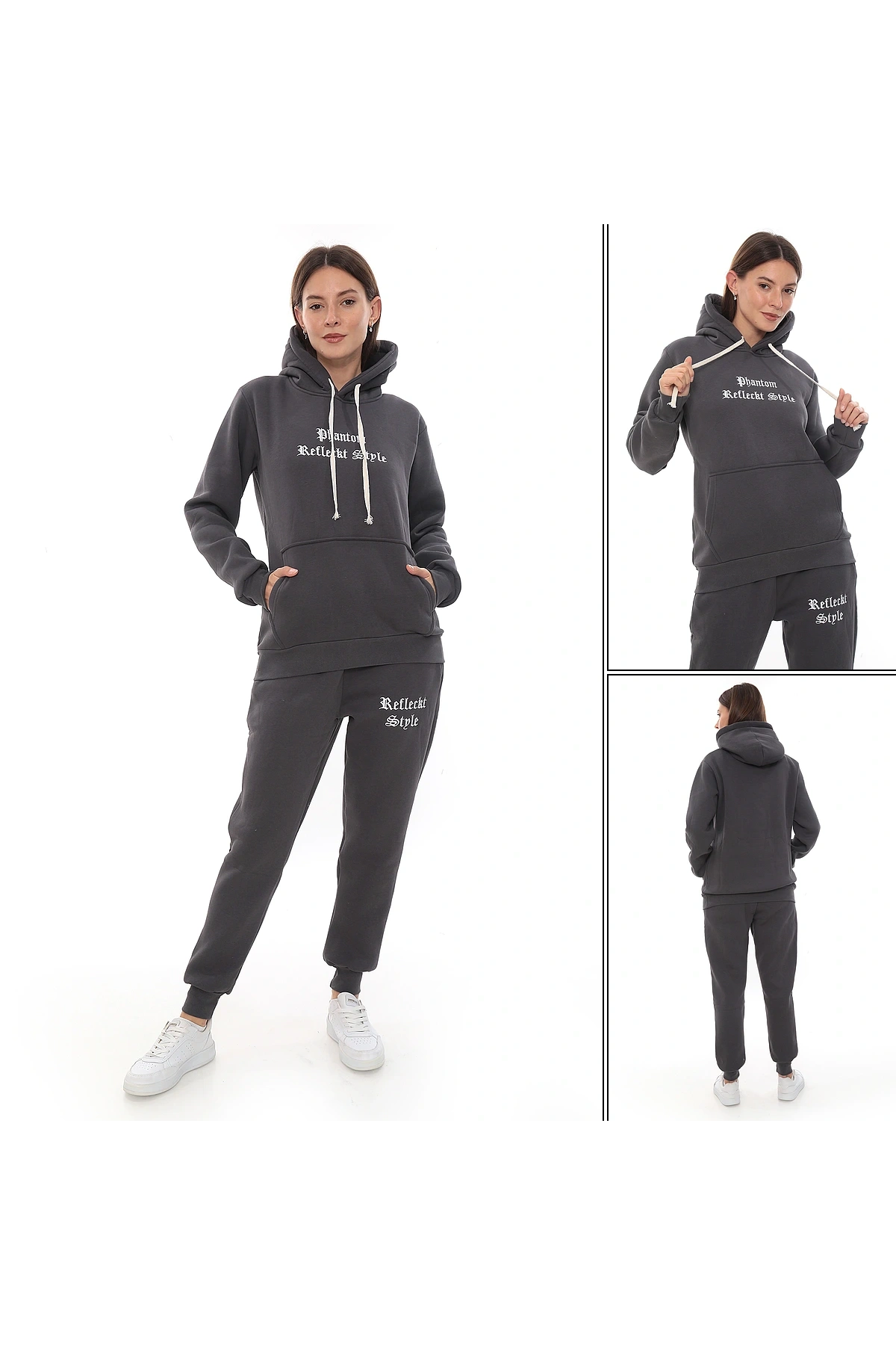 Füme Şık Polarlı Kadın Eşofman Takımı Paça Lastikli Cepli Kapüşonlu Nakış Detaylı Compact Takım