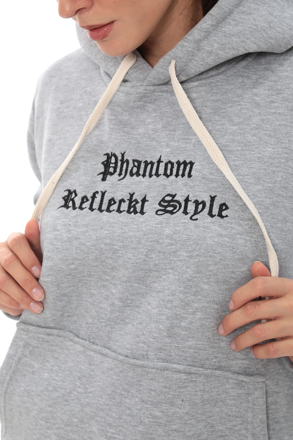 Gri Polarlı Şık Kadın Eşofman Takımı Paça Lastikli Cepli Kapüşonlu Nakış Detaylı Compact Takım