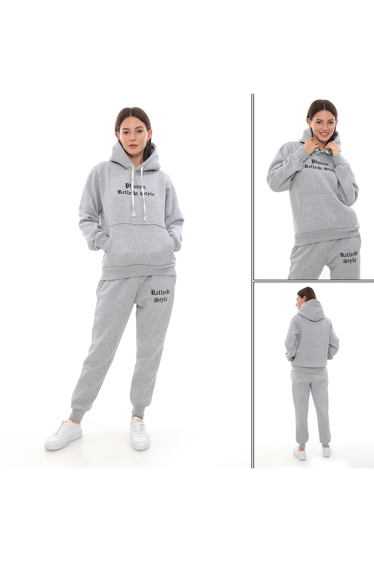 Gri Polarlı Şık Kadın Eşofman Takımı Paça Lastikli Cepli Kapüşonlu Nakış Detaylı Compact Takım