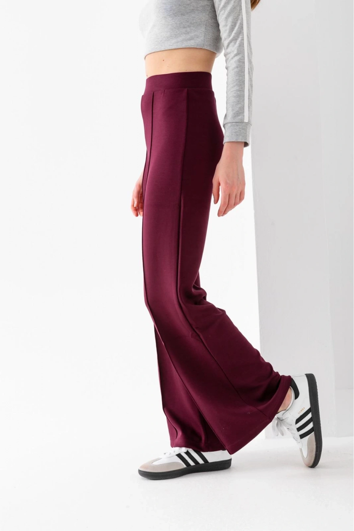 Kadın Bordo Modal Bol Paça Çımalı Yüksek Bel Yumuşak Dokulu Beli Lastikli Likralı Pantolon