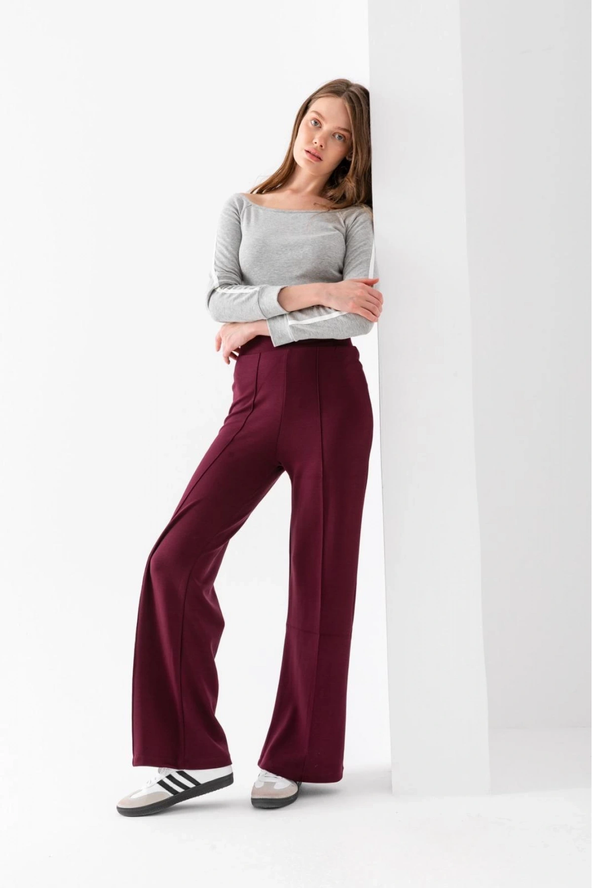 Kadın Bordo Modal Bol Paça Çımalı Yüksek Bel Yumuşak Dokulu Beli Lastikli Likralı Pantolon
