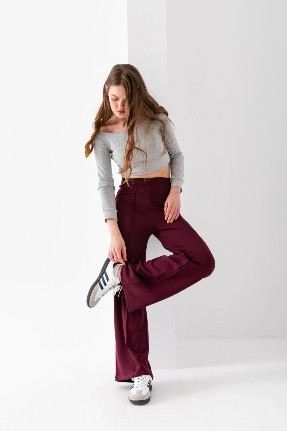 Kadın Bordo Modal Bol Paça Çımalı Yüksek Bel Yumuşak Dokulu Beli Lastikli Likralı Pantolon