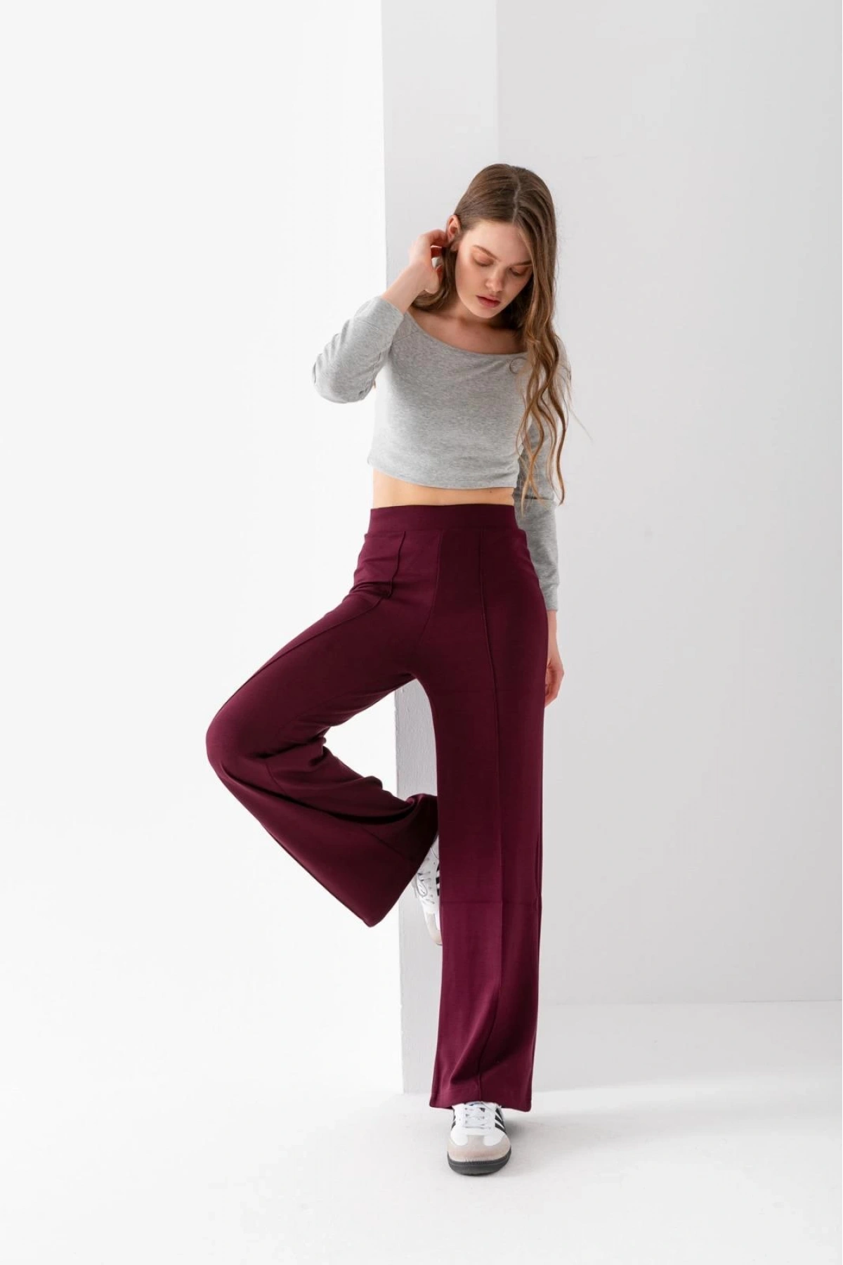 Kadın Bordo Modal Bol Paça Çımalı Yüksek Bel Yumuşak Dokulu Beli Lastikli Likralı Pantolon