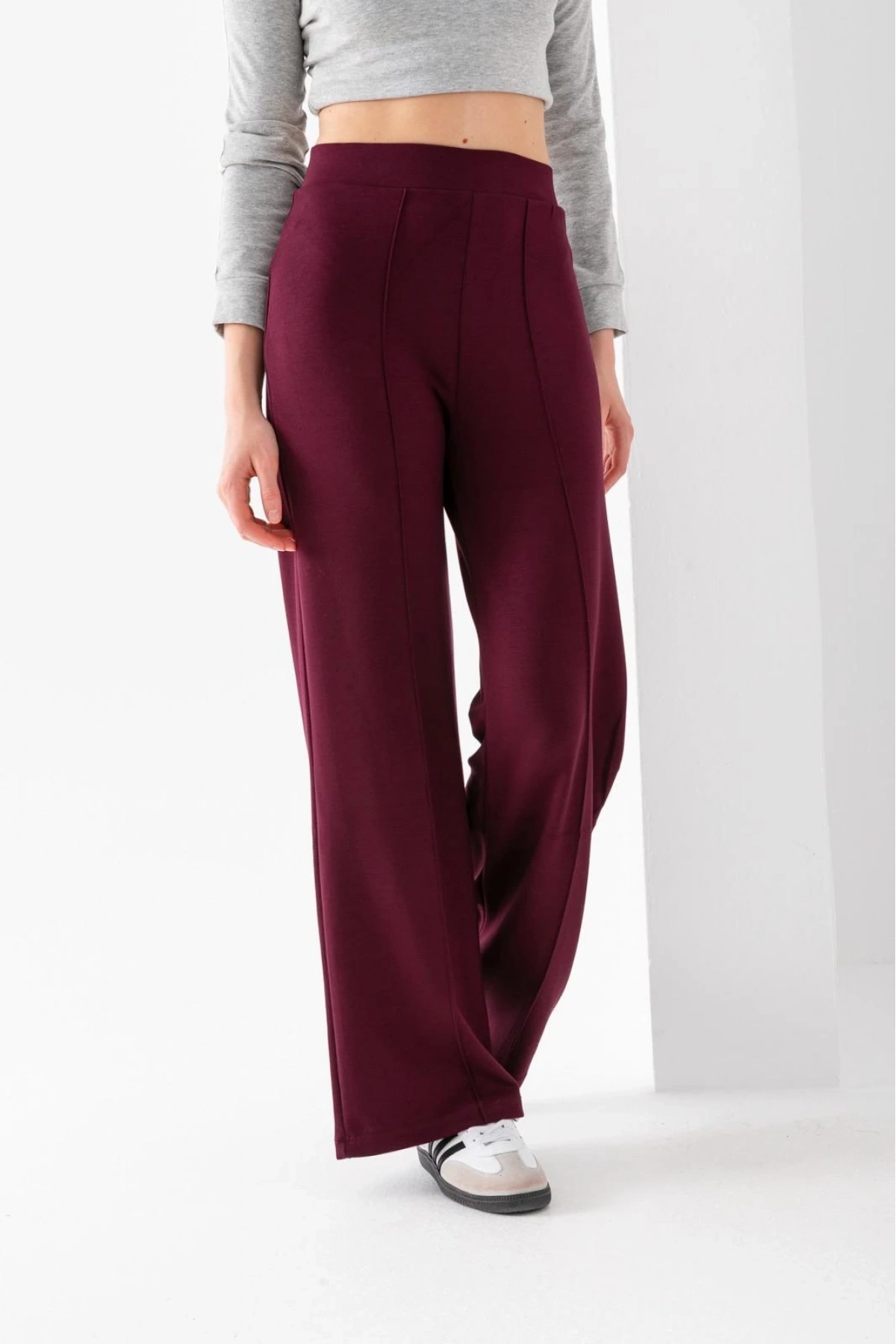 Kadın Bordo Modal Bol Paça Çımalı Yüksek Bel Yumuşak Dokulu Beli Lastikli Likralı Pantolon