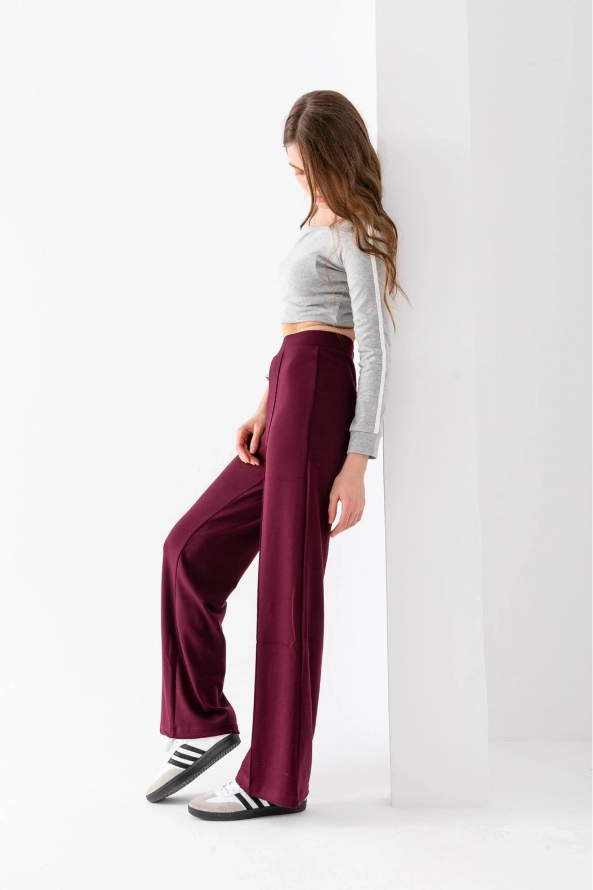 Kadın Bordo Modal Bol Paça Çımalı Yüksek Bel Yumuşak Dokulu Beli Lastikli Likralı Pantolon