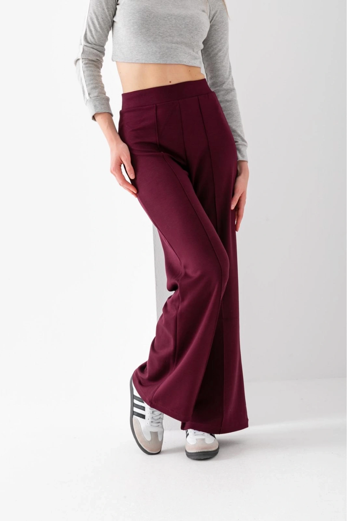 Kadın Bordo Modal Bol Paça Çımalı Yüksek Bel Yumuşak Dokulu Beli Lastikli Likralı Pantolon